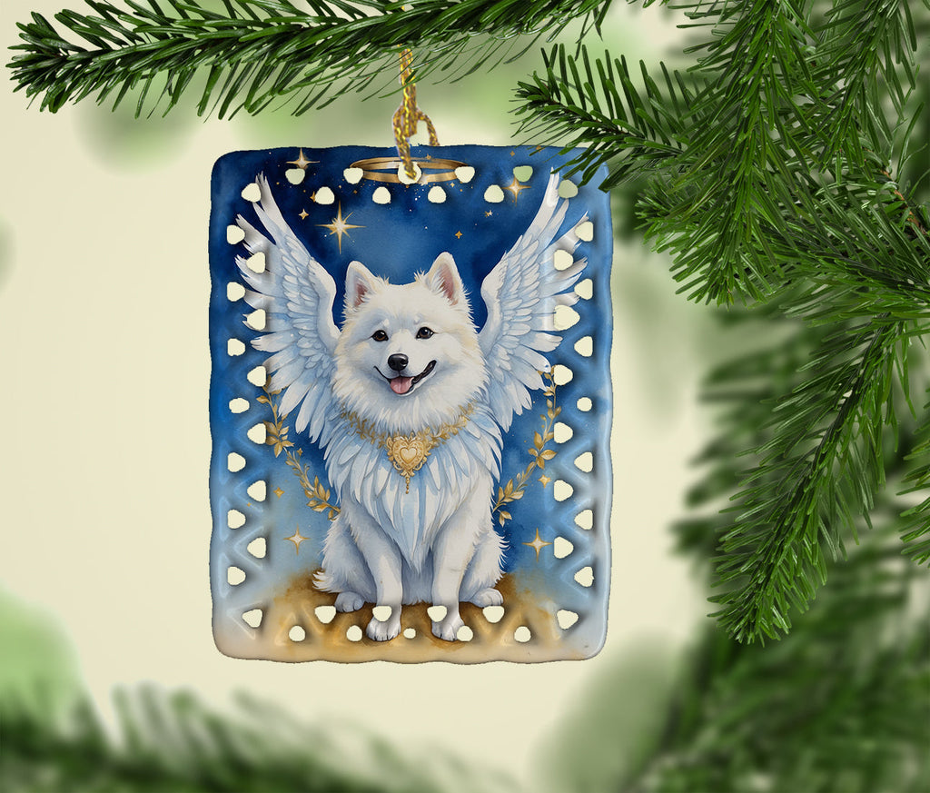 Caroline's Treasures American Eskimo My Angel Porcelain Ornament Christmas Tree Hanging Decorations for Home Christmas Holiday, Rectangle, Gift, Multicolor