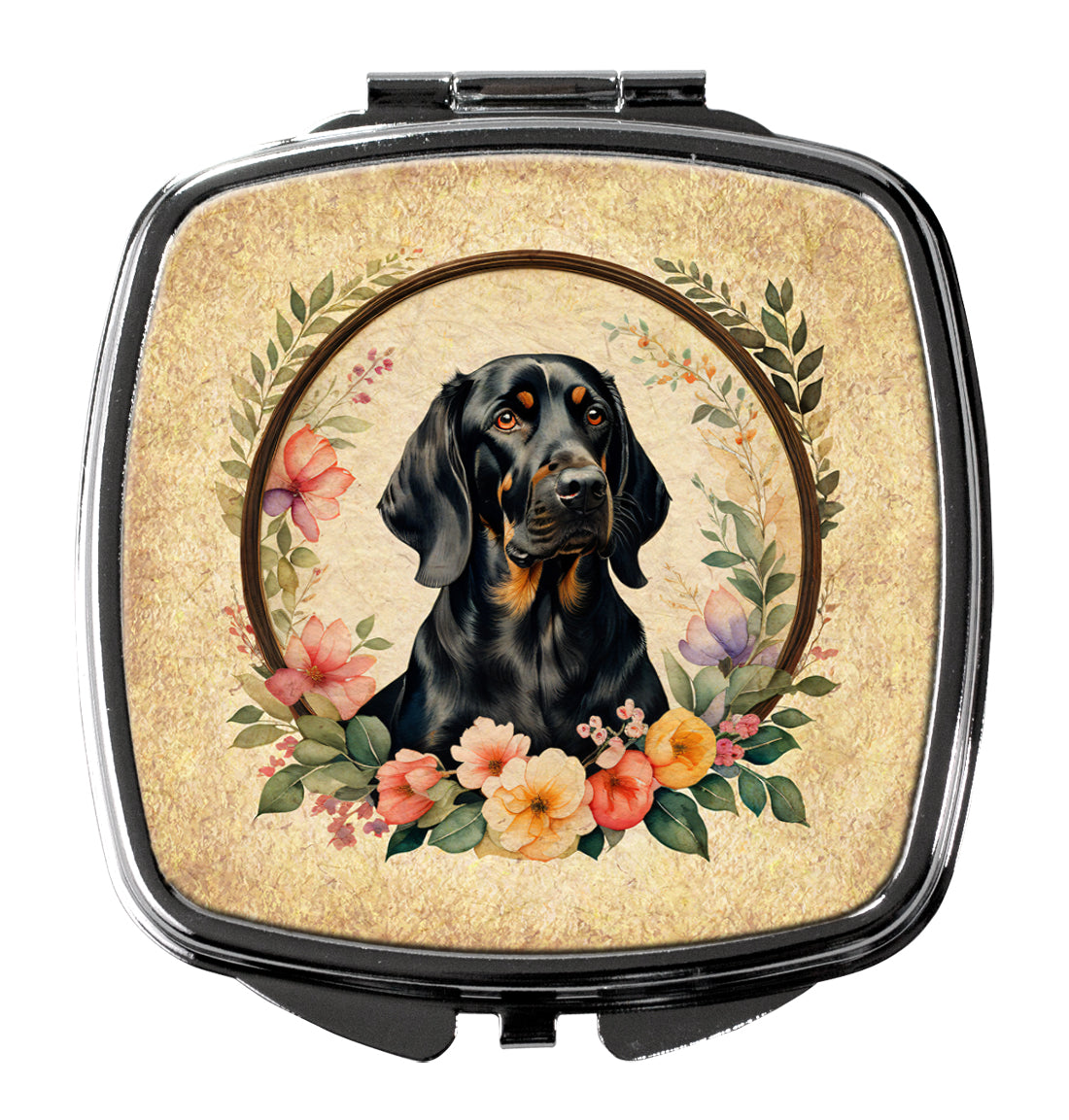 Buy this Black and Tan Coonhound and Flowers Compact Mirror