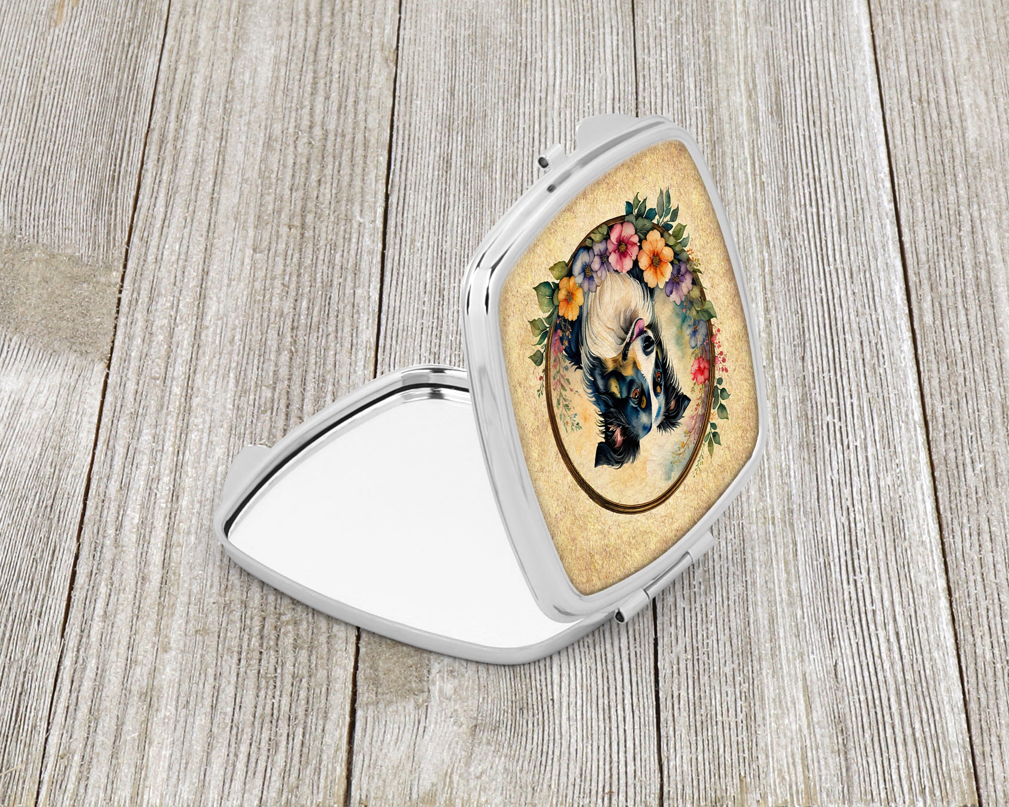 Border Collie and Flowers Compact Mirror