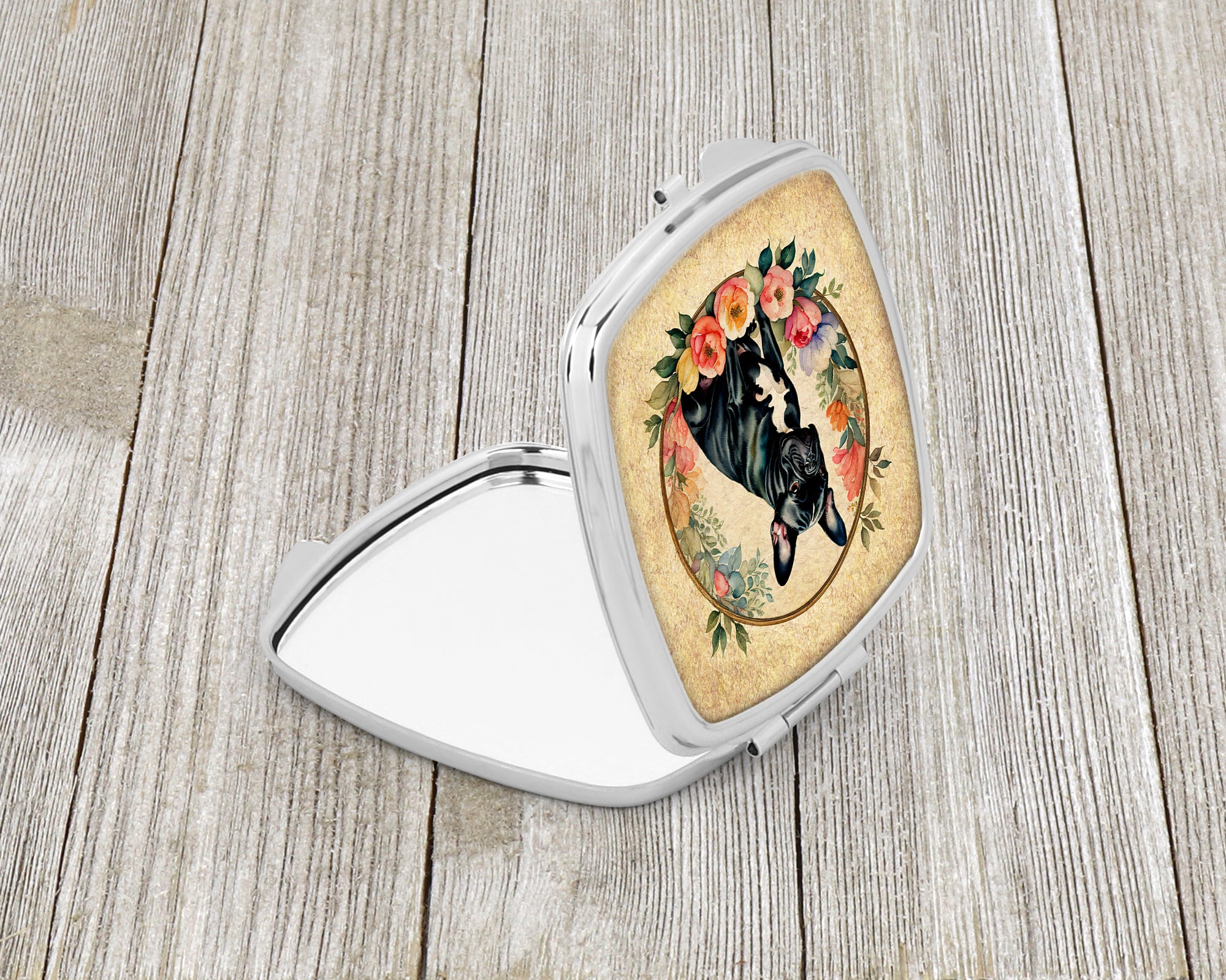 Black French Bulldog and Flowers Compact Mirror