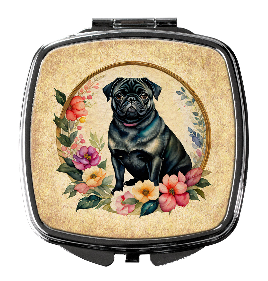 Buy this Black Pug and Flowers Compact Mirror