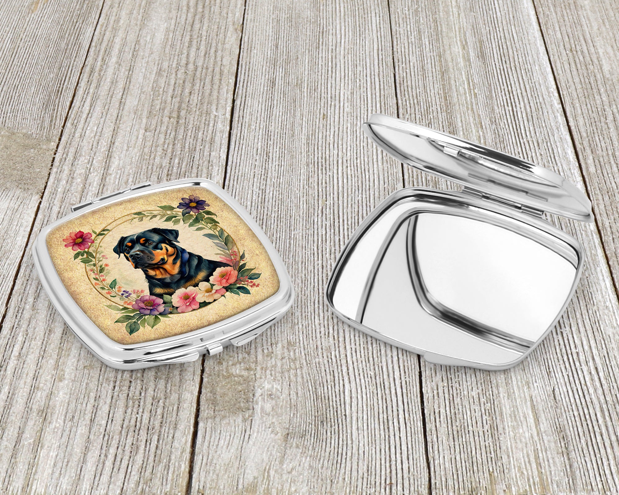 Rottweiler and Flowers Compact Mirror