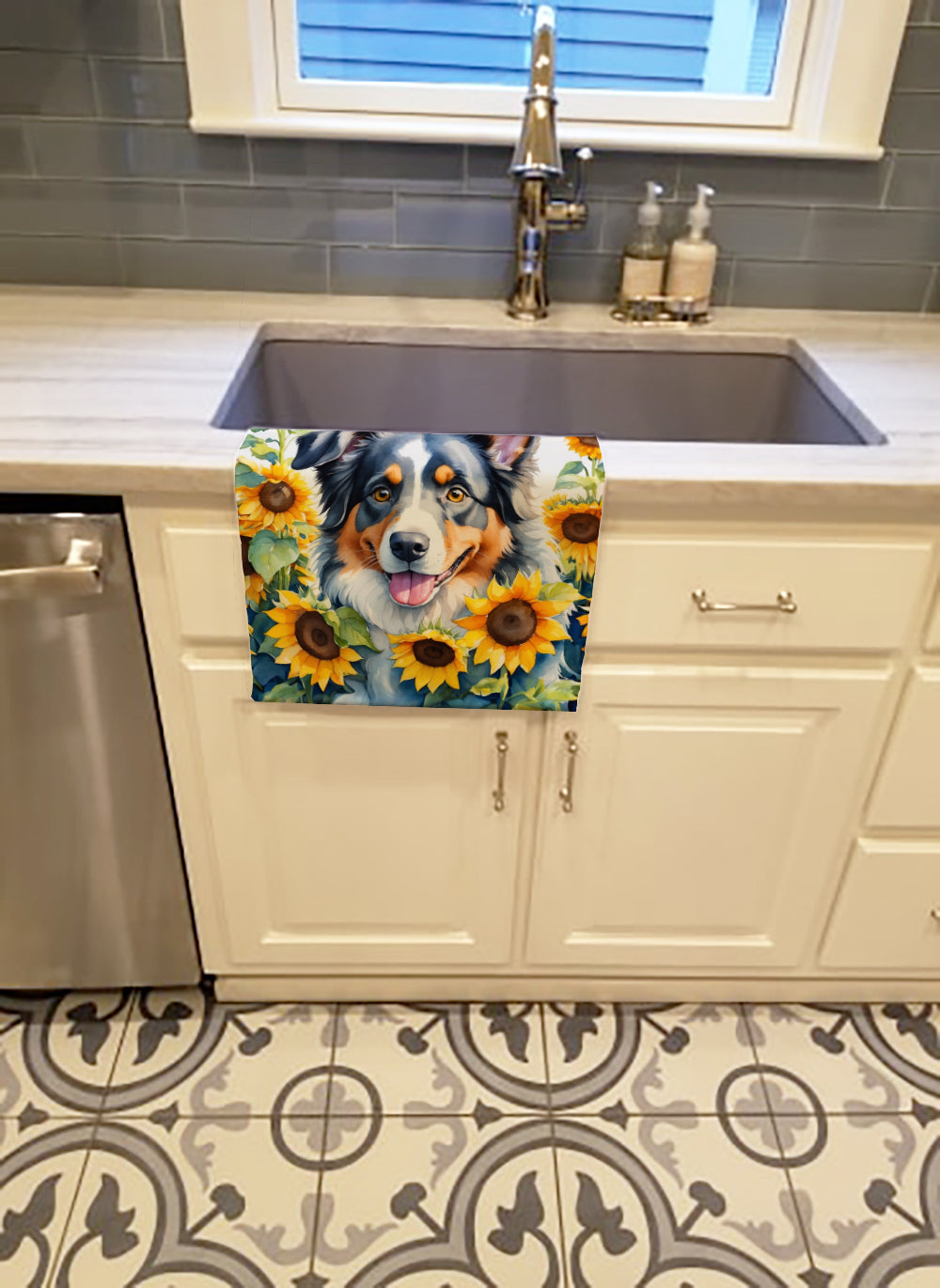 Buy this Australian Shepherd in Sunflowers Kitchen Towel