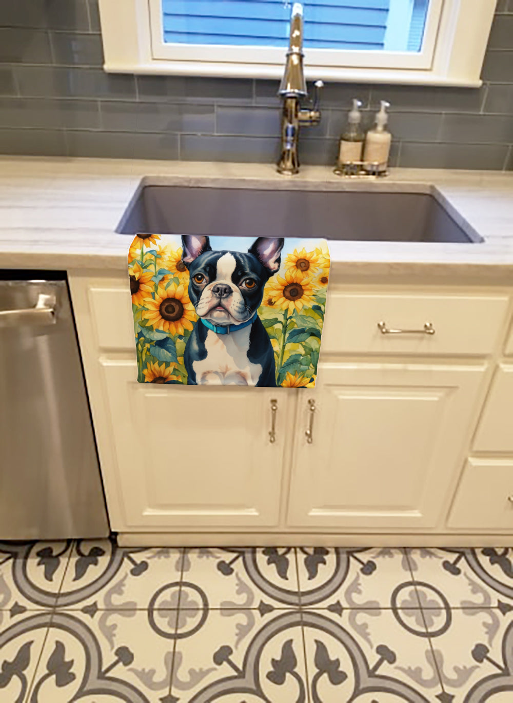 Buy this Boston Terrier in Sunflowers Kitchen Towel