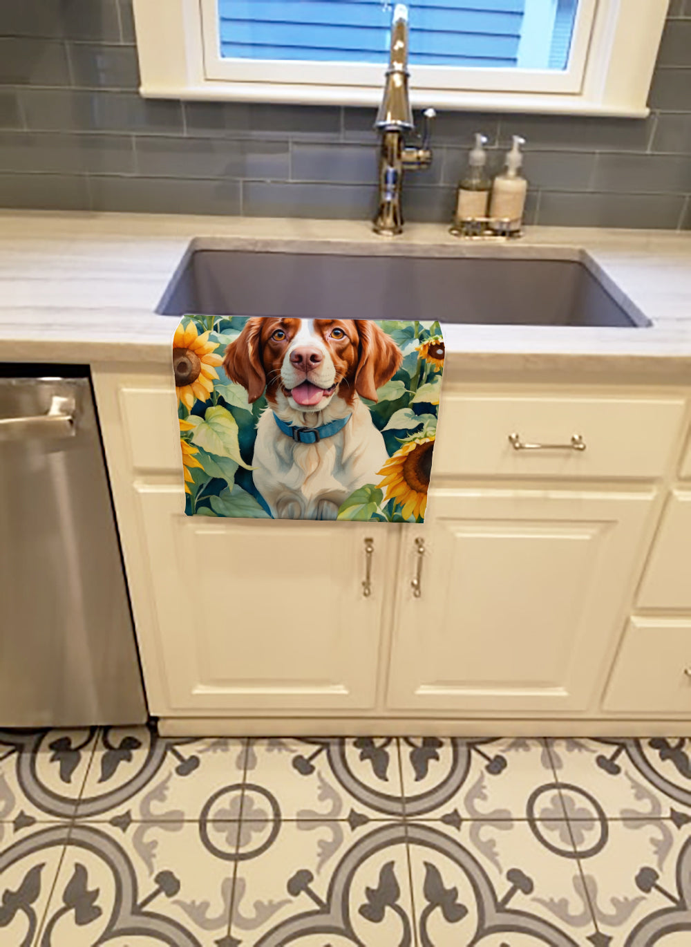 Buy this Brittany Spaniel in Sunflowers Kitchen Towel