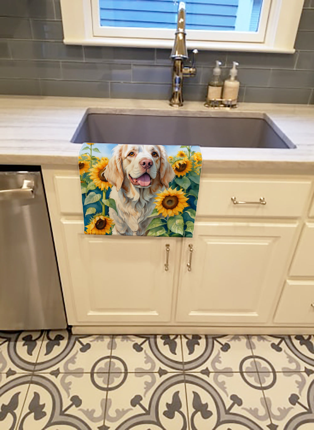 Buy this Clumber Spaniel in Sunflowers Kitchen Towel