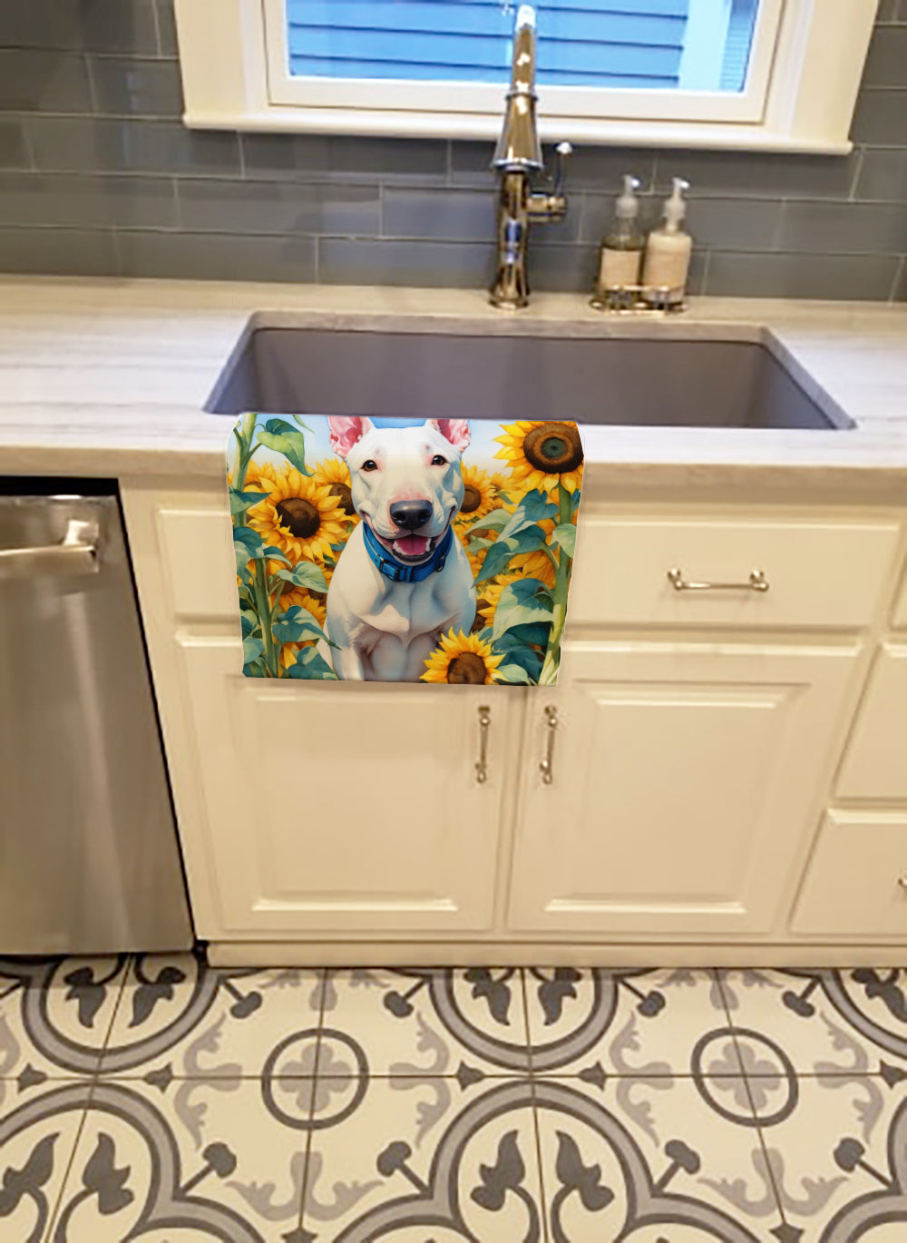 Buy this English Bull Terrier in Sunflowers Kitchen Towel