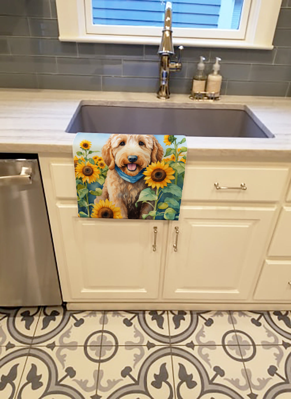 Buy this Goldendoodle in Sunflowers Kitchen Towel