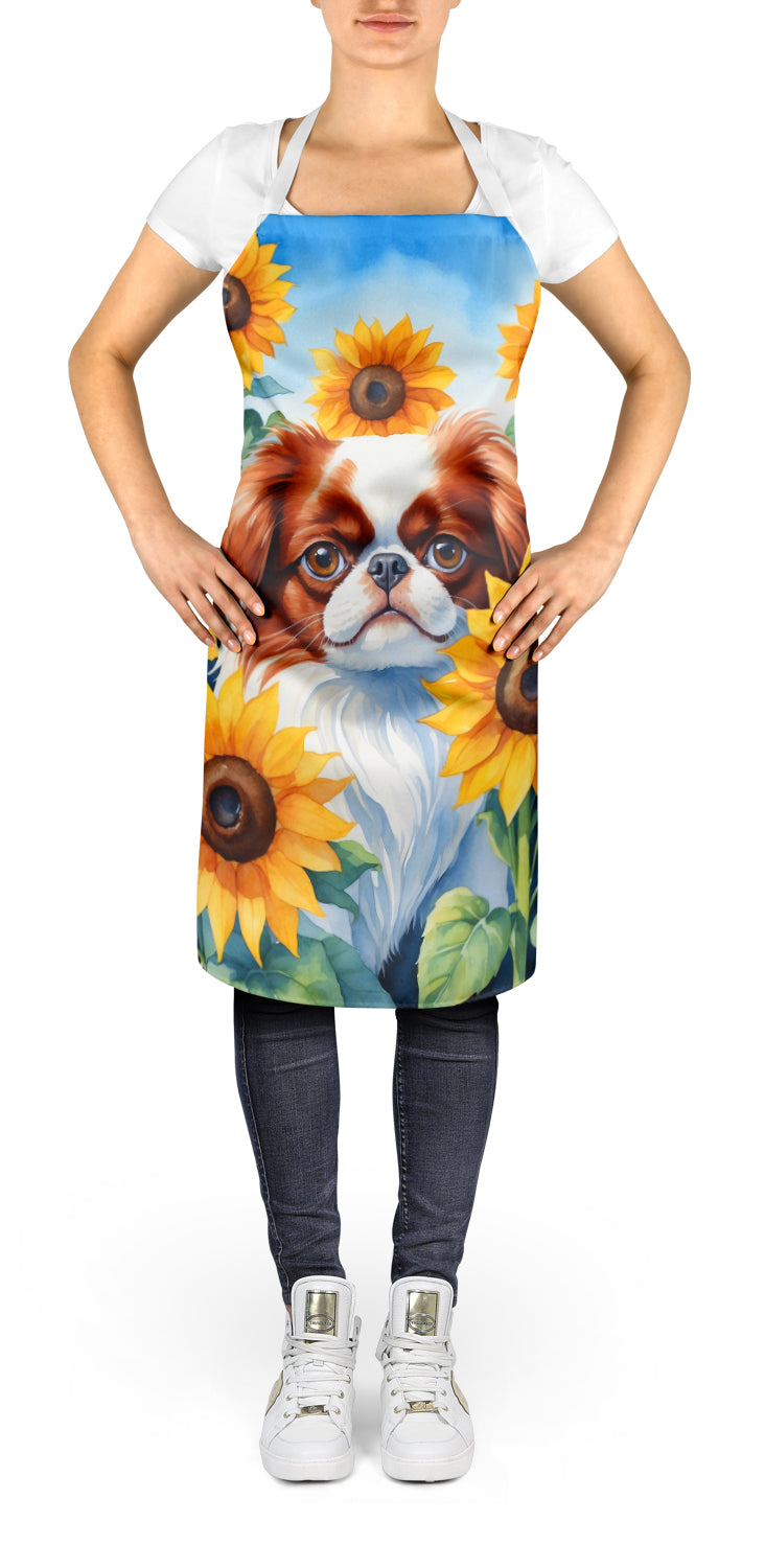 Japanese Chin in Sunflowers Apron