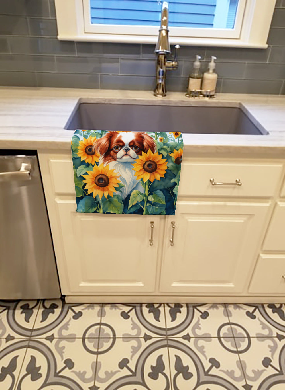 Buy this Japanese Chin in Sunflowers Kitchen Towel