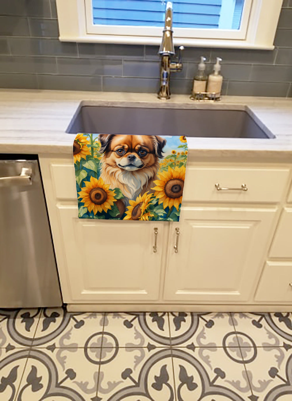 Buy this Tibetan Spaniel in Sunflowers Kitchen Towel