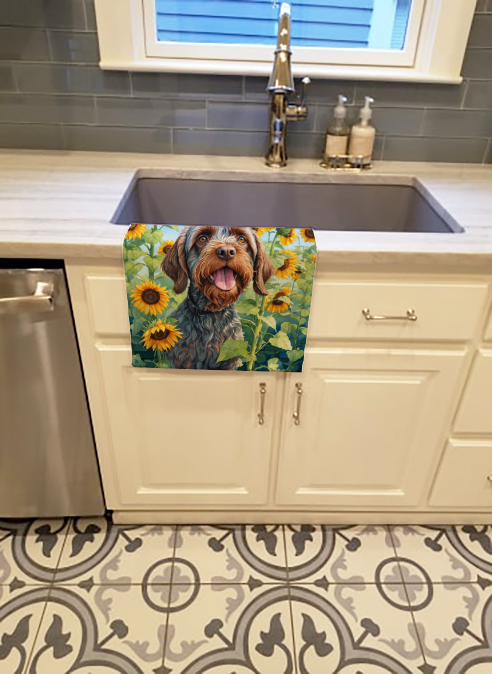 Buy this Wirehaired Pointing Griffon in Sunflowers Kitchen Towel