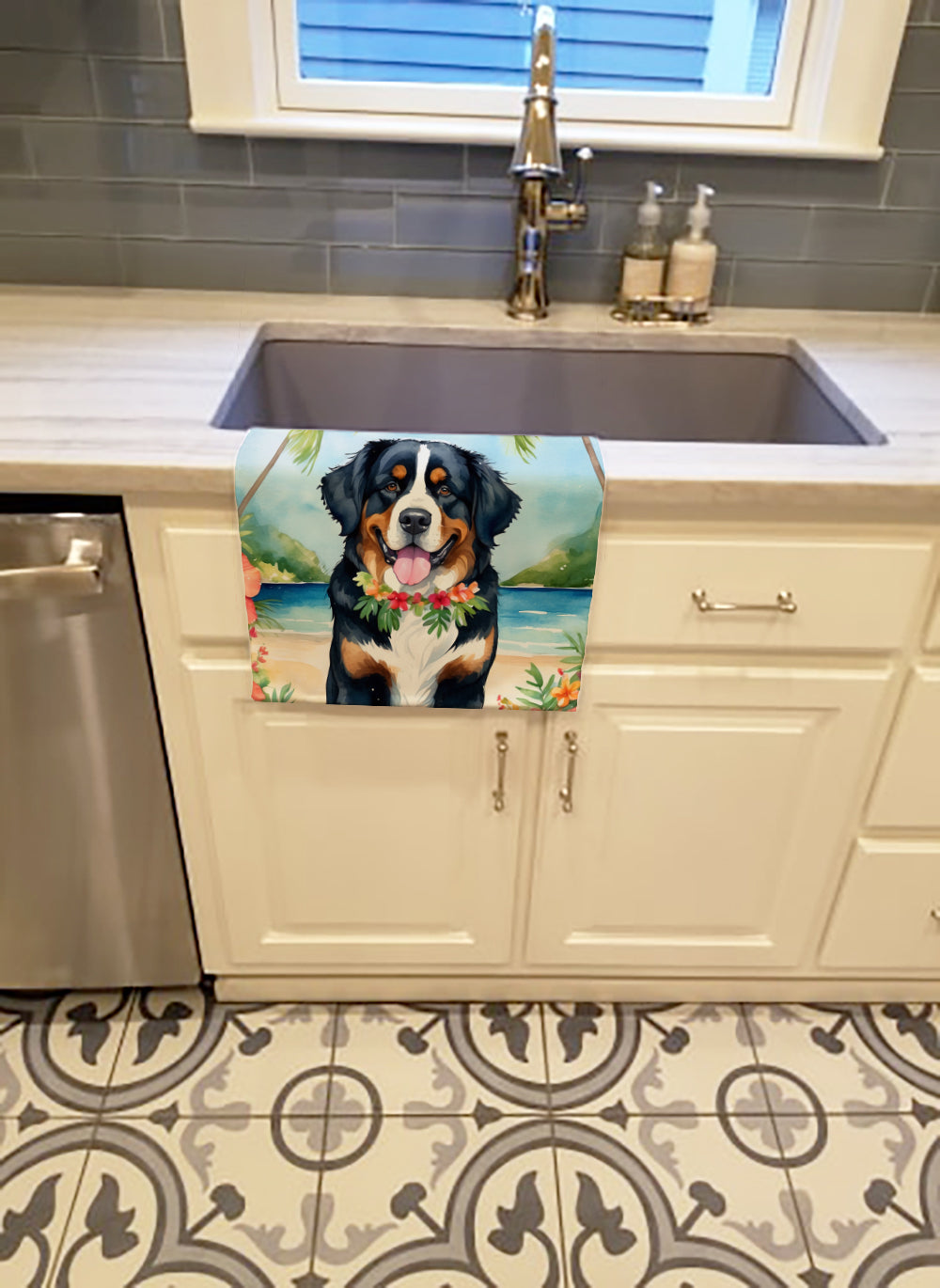 Buy this Bernese Mountain Dog Luau Kitchen Towel