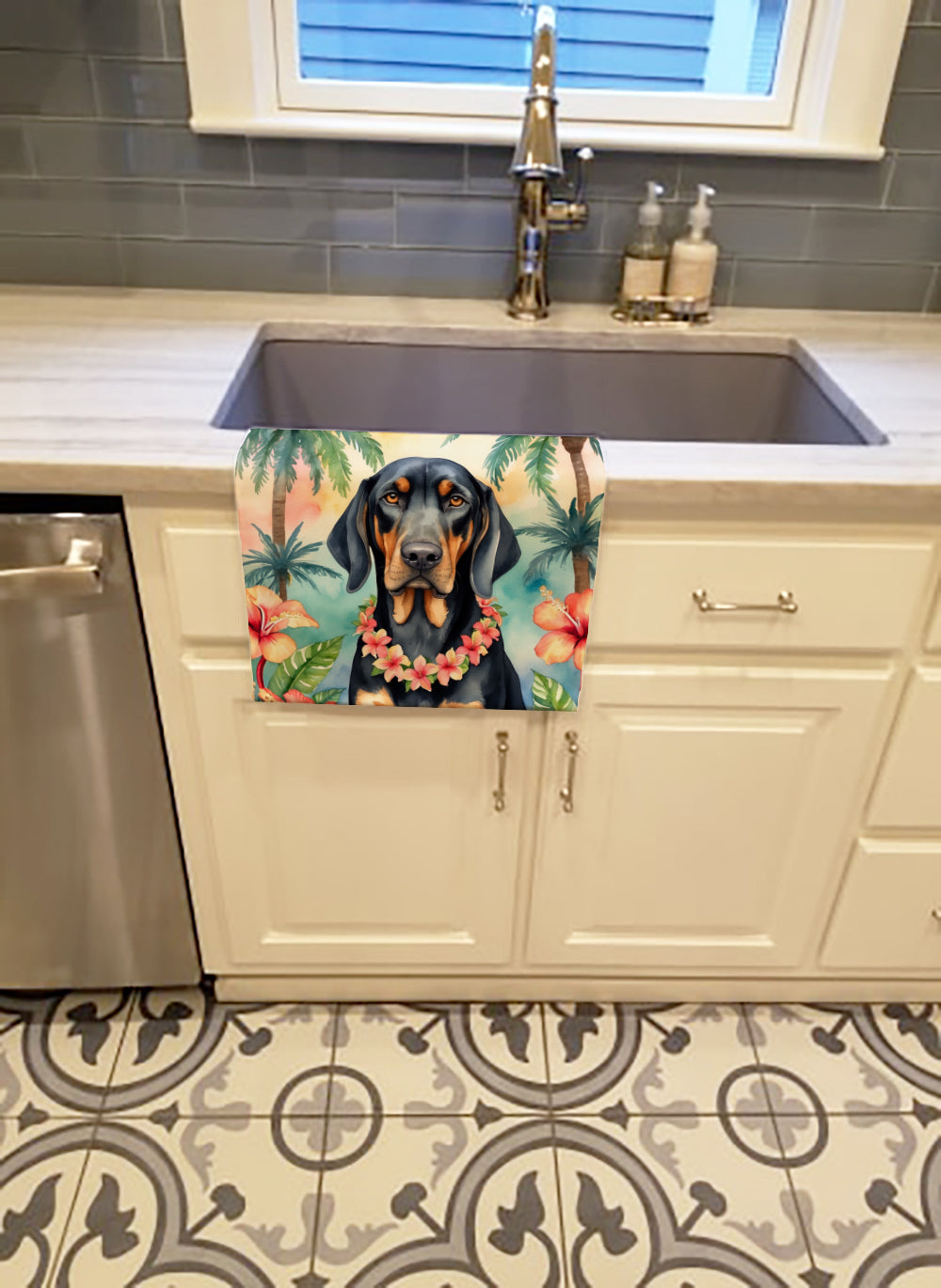 Buy this Black and Tan Coonhound Luau Kitchen Towel
