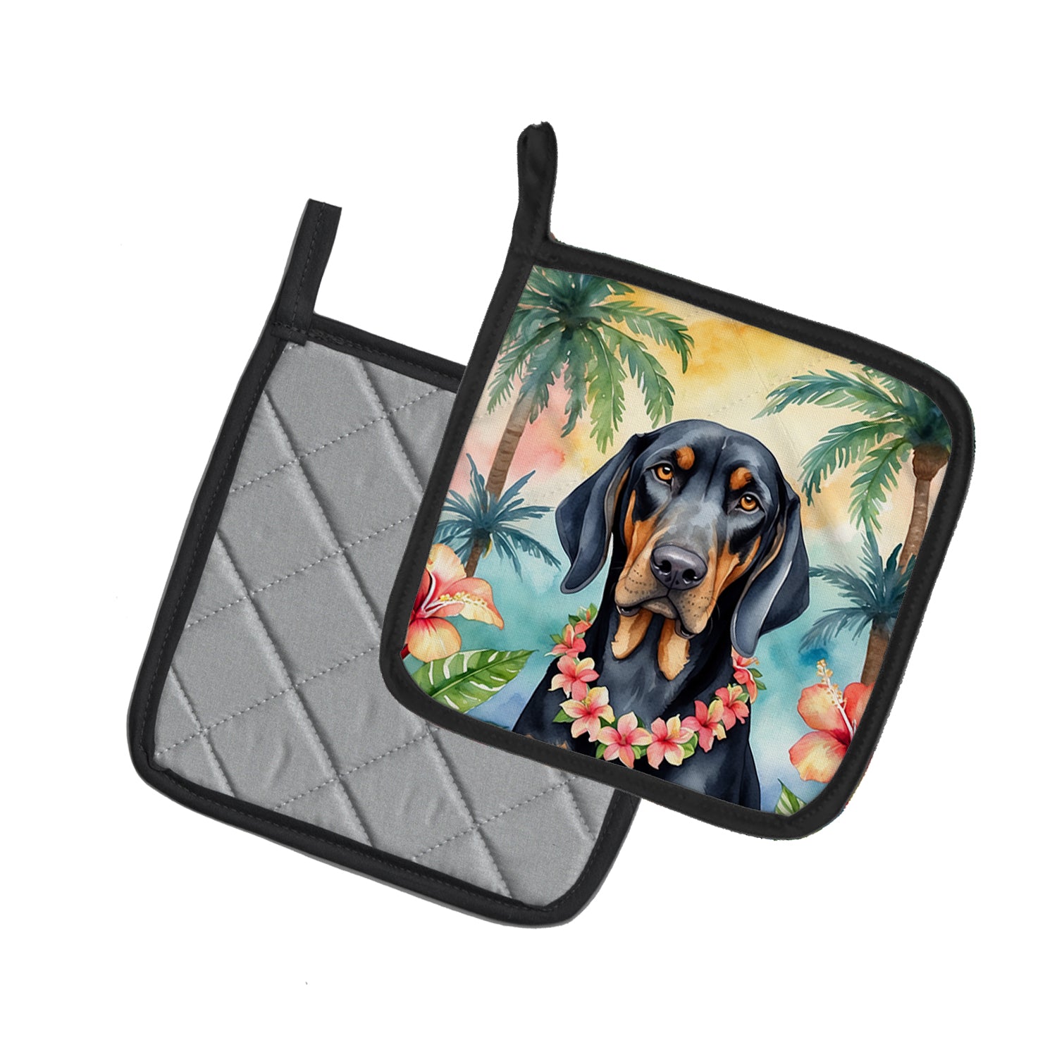 Black and Tan Coonhound Luau Pair of Pot Holders