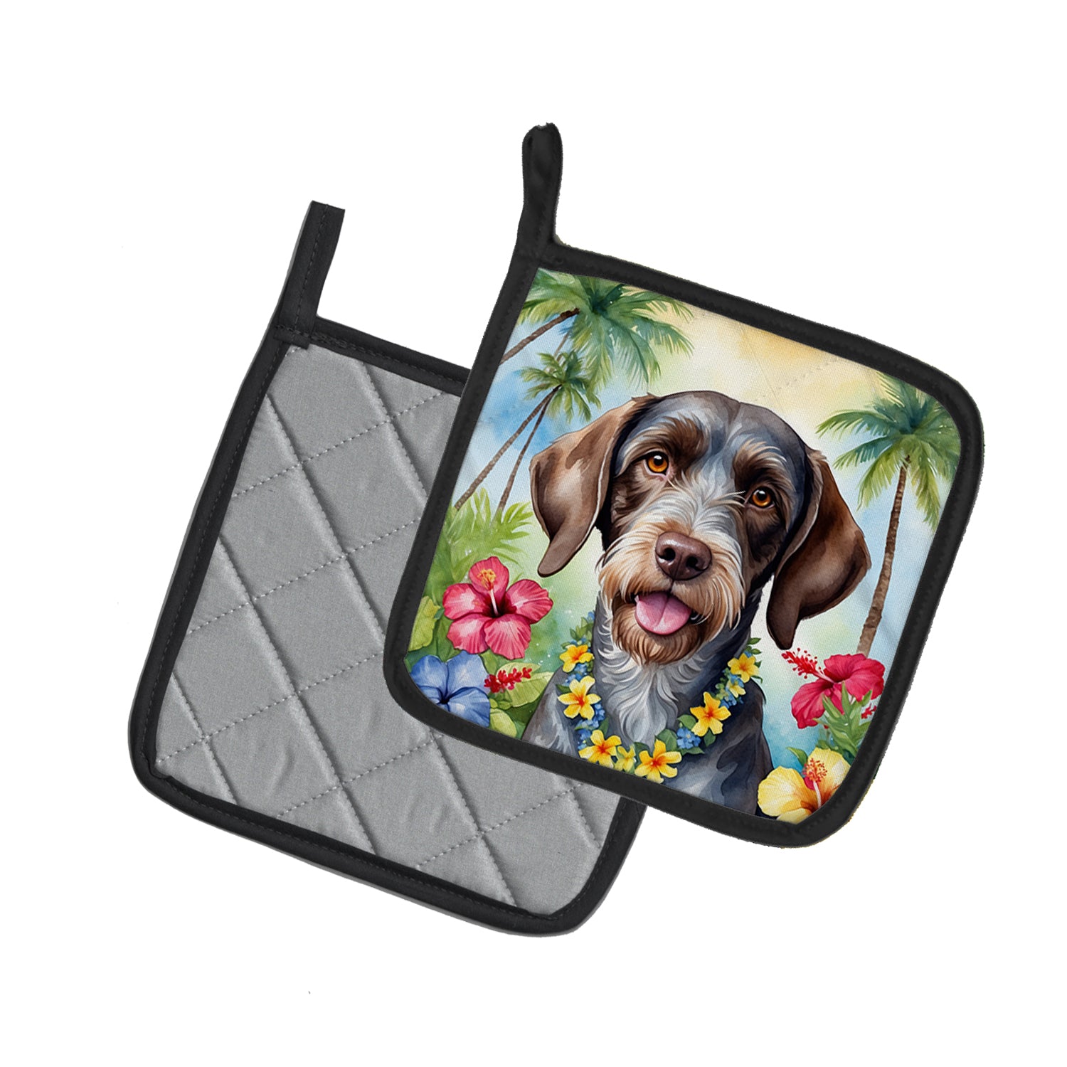 German Wirehaired Pointer Luau Pair of Pot Holders
