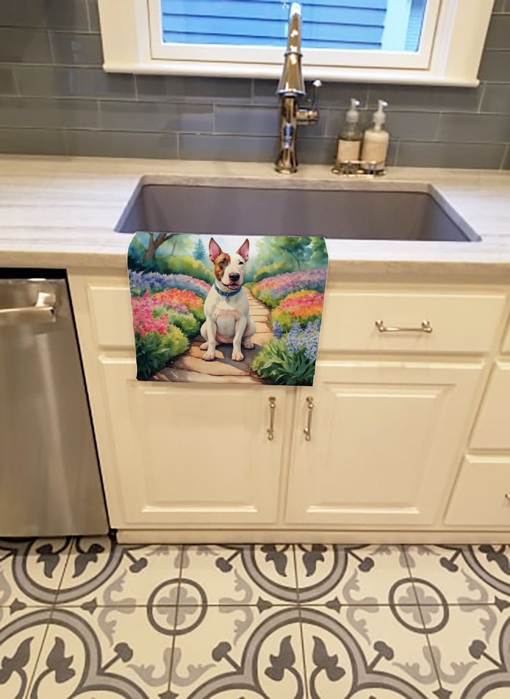 Buy this English Bull Terrier Spring Path Kitchen Towel