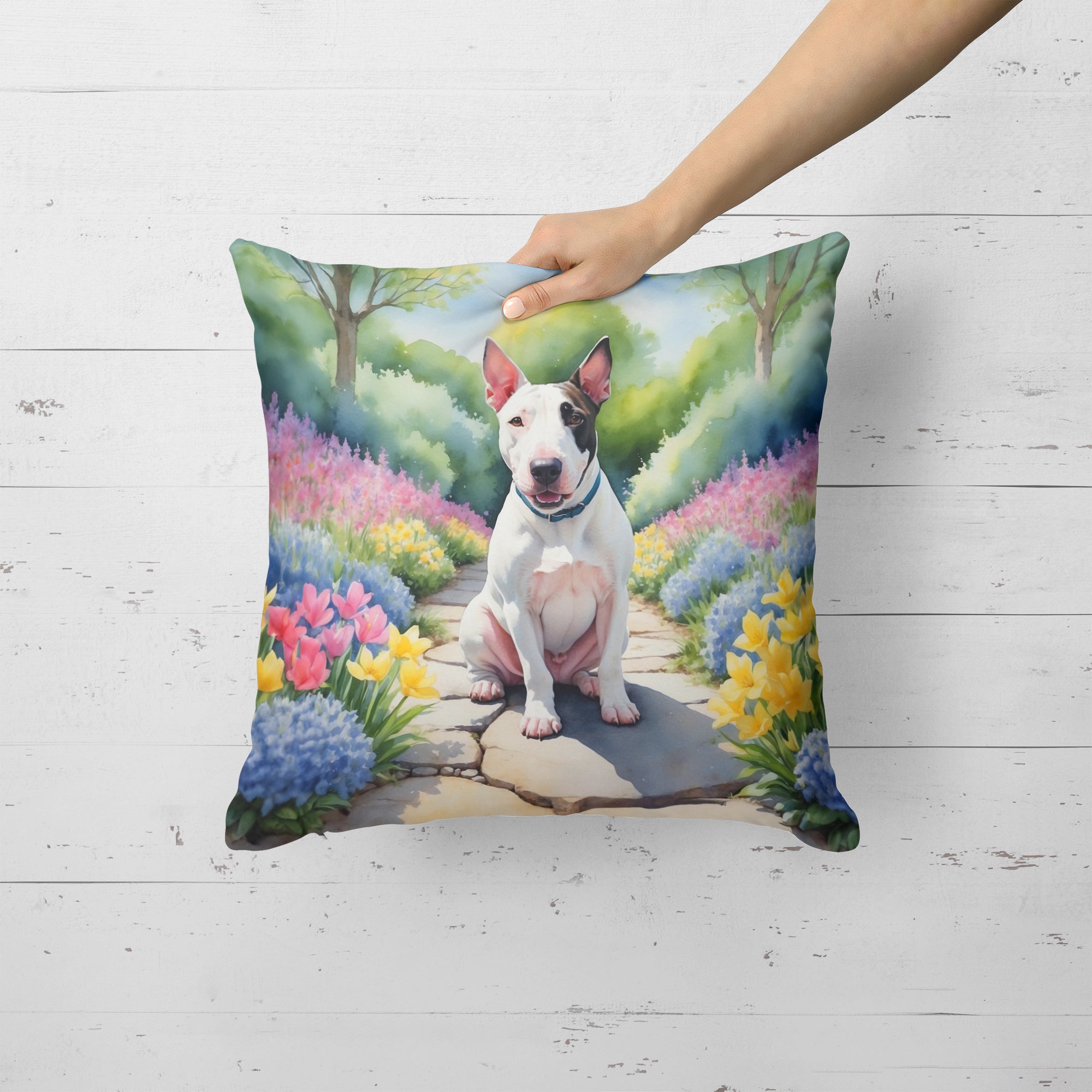 Buy this English Bull Terrier Spring Path Throw Pillow
