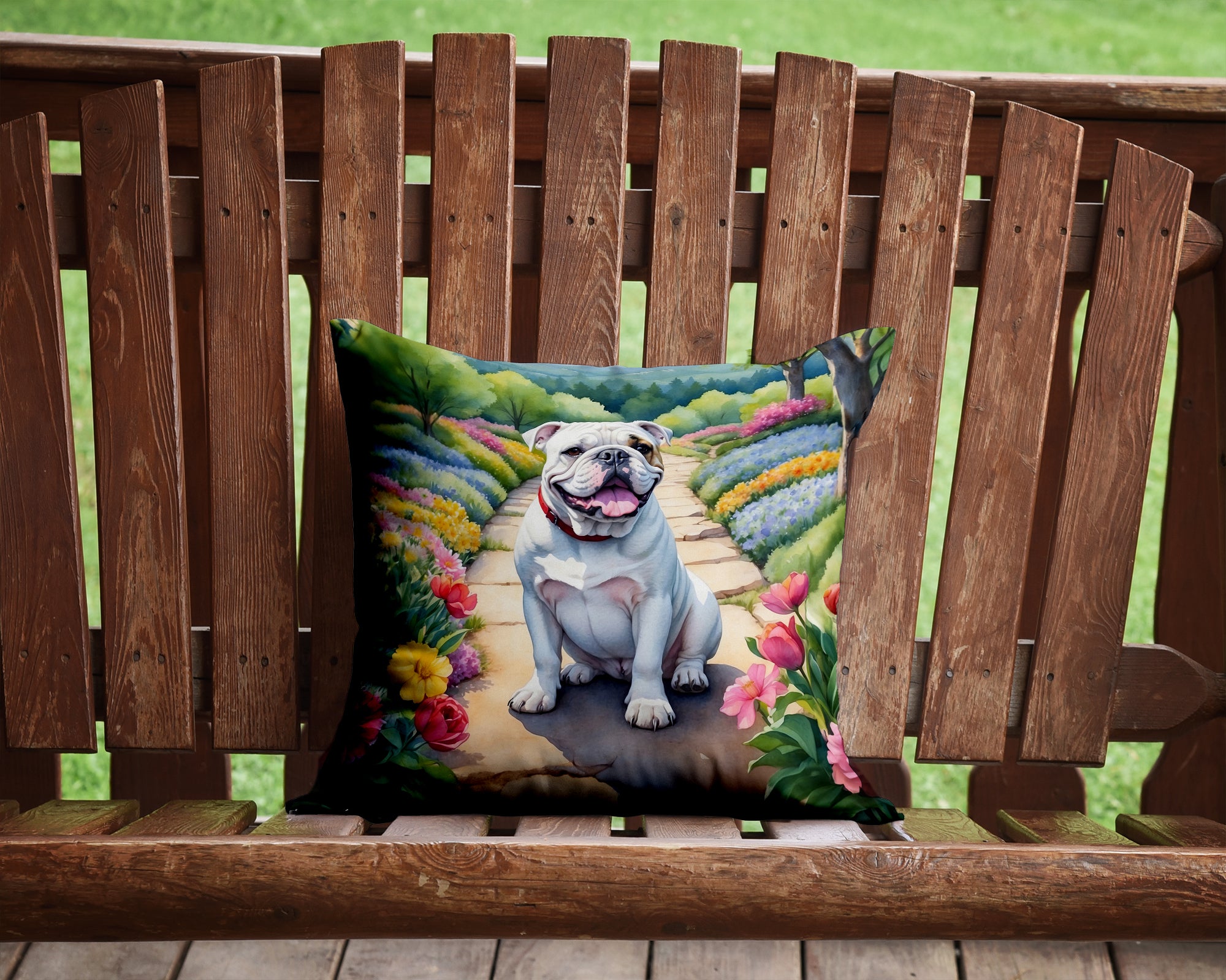 Buy this English Bulldog Spring Path Throw Pillow