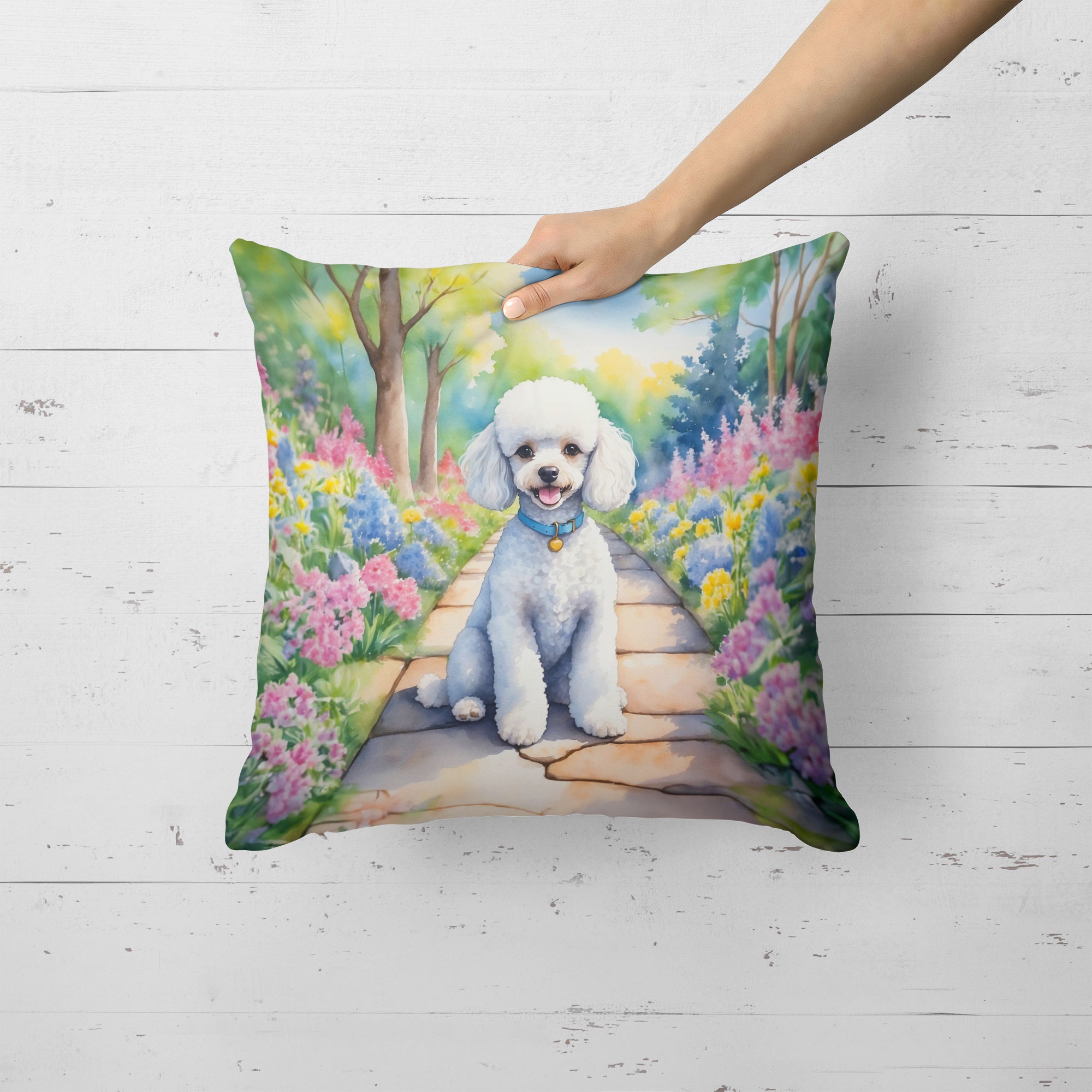 Buy this White Poodle Spring Path Throw Pillow