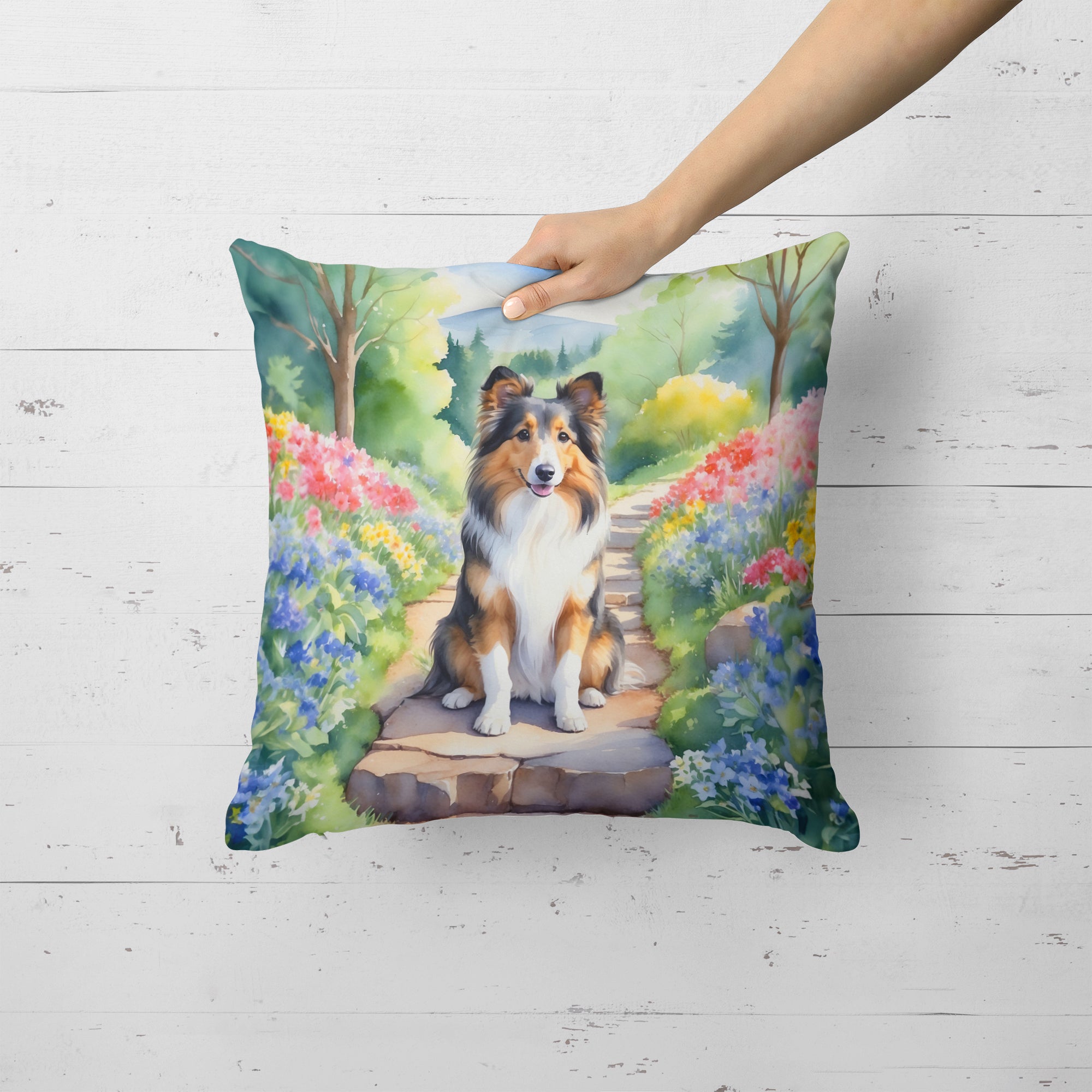 Buy this Sheltie Spring Path Throw Pillow