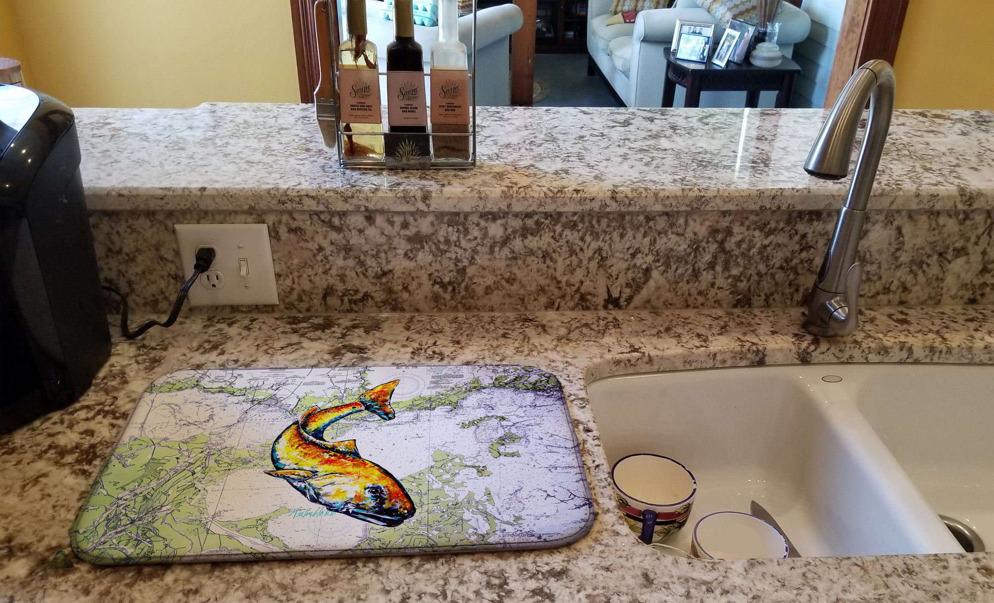 Red Fish On Map Dish Drying Mat