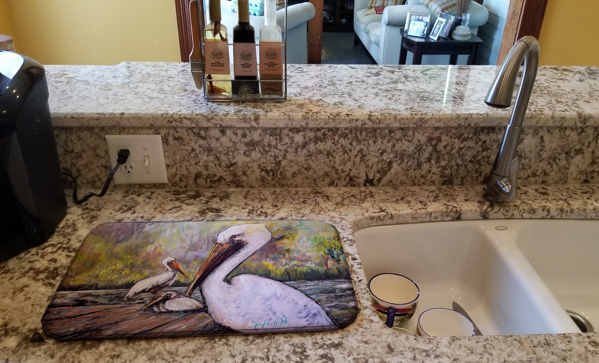 Three Pelicans on a Pier Dish Drying Mat