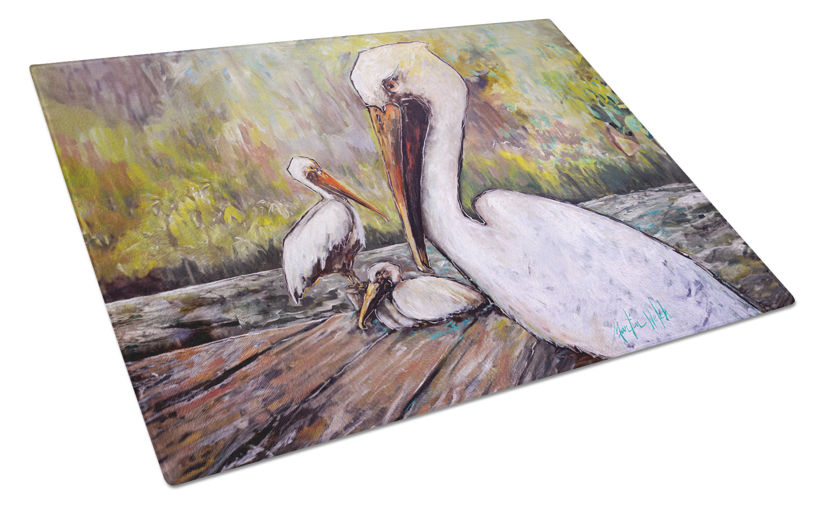 Buy this Three Pelicans on a Pier Glass Cutting Board