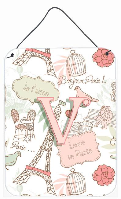 Letter V Love in Paris Pink Wall or Door Hanging Prints CJ2002-VDS1216 by Caroline's Treasures