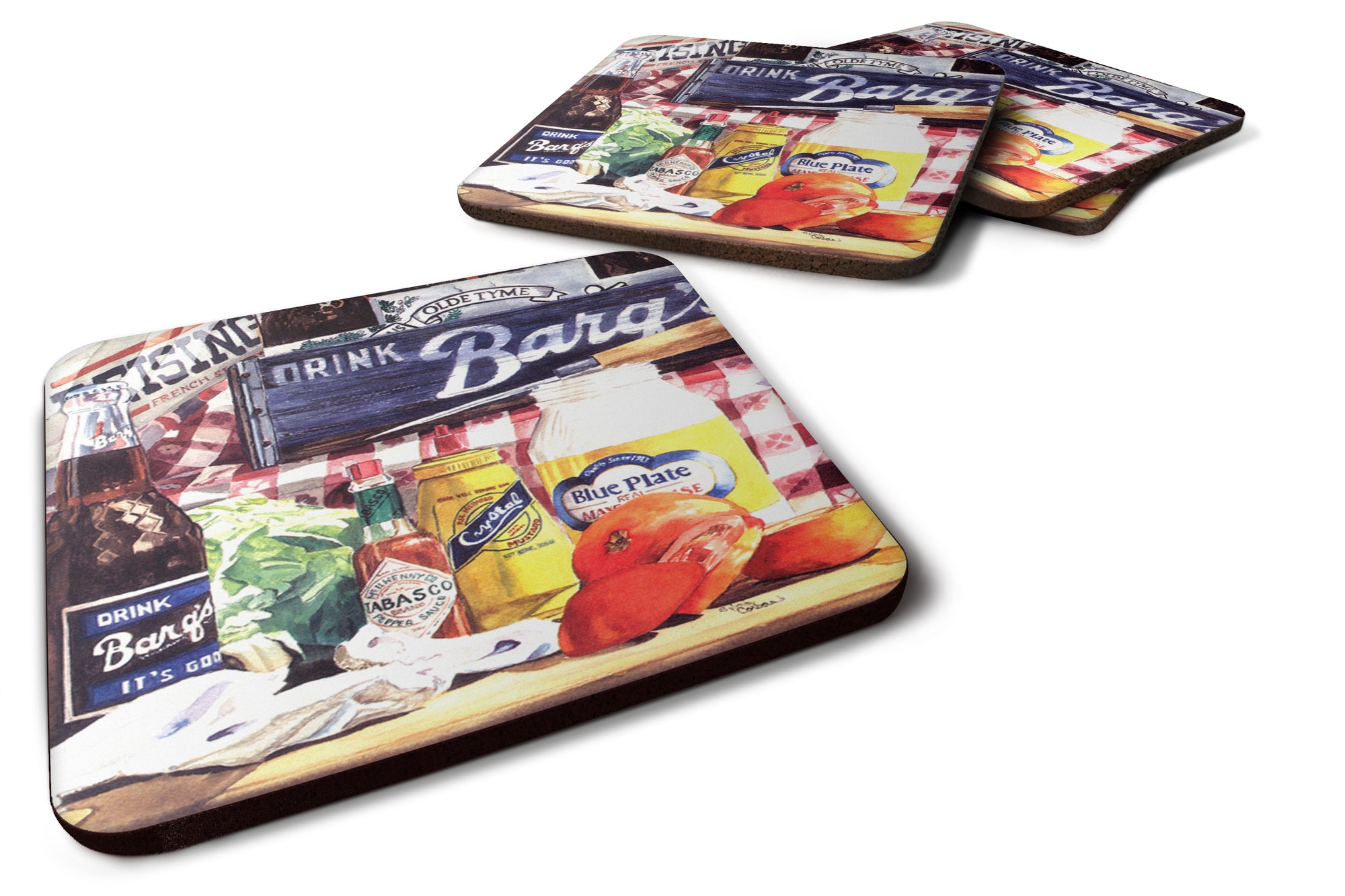 Set of 4 Blue Plate Mayonaise, Barq's and a tomato sandwich Foam Coasters - the-store.com