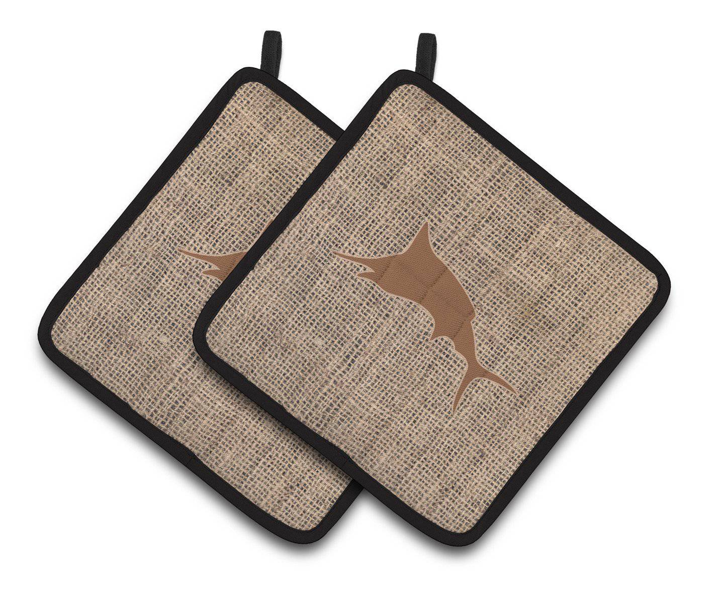 Fish - Marlin Faux Burlap and Brown   Pair of Pot Holders BB1026-BL-BN-PTHD - the-store.com