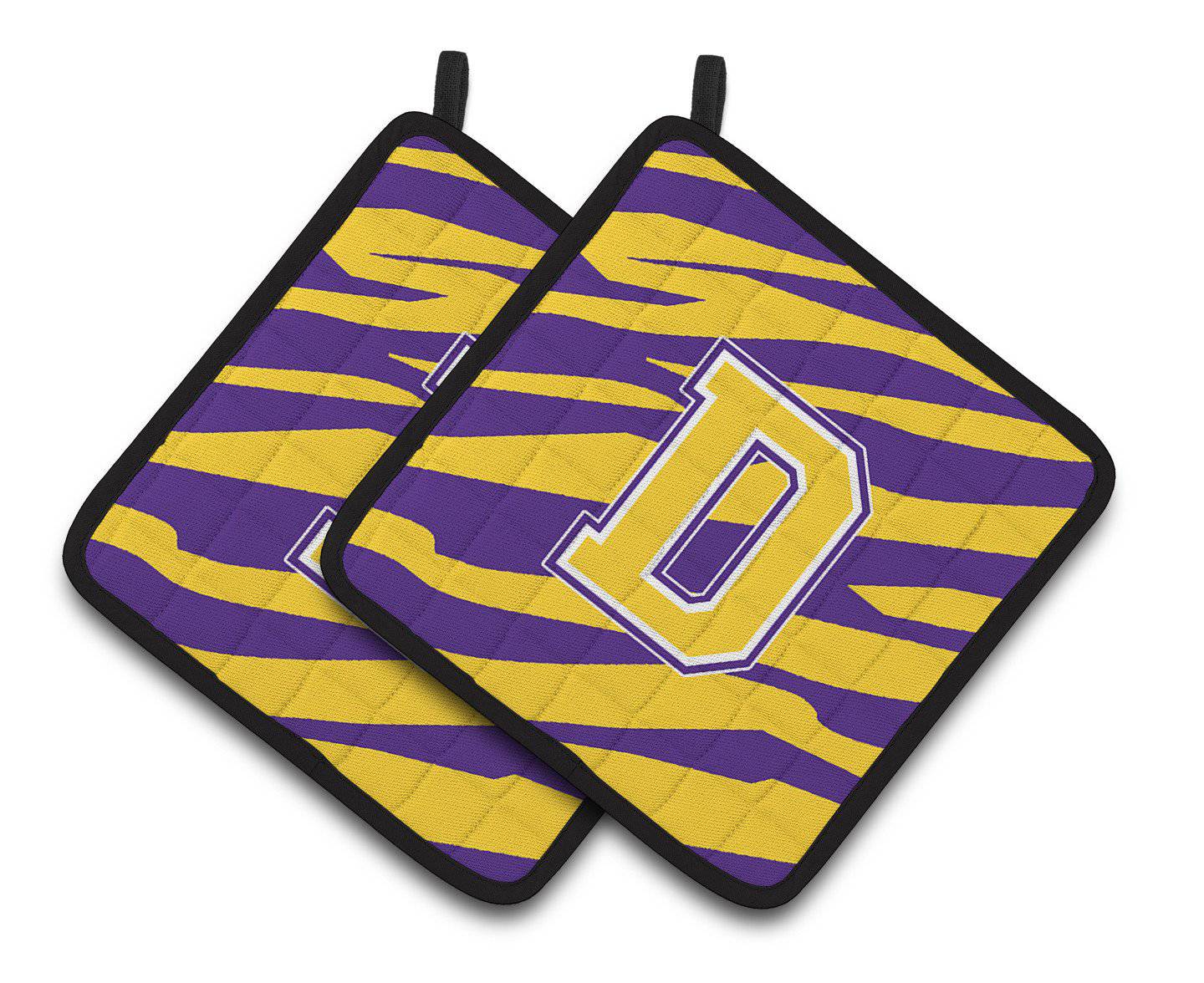 Letter D Monogram - Tiger Stripe - Purple Gold Pair of Pot Holders CJ1022-DPTHD - the-store.com