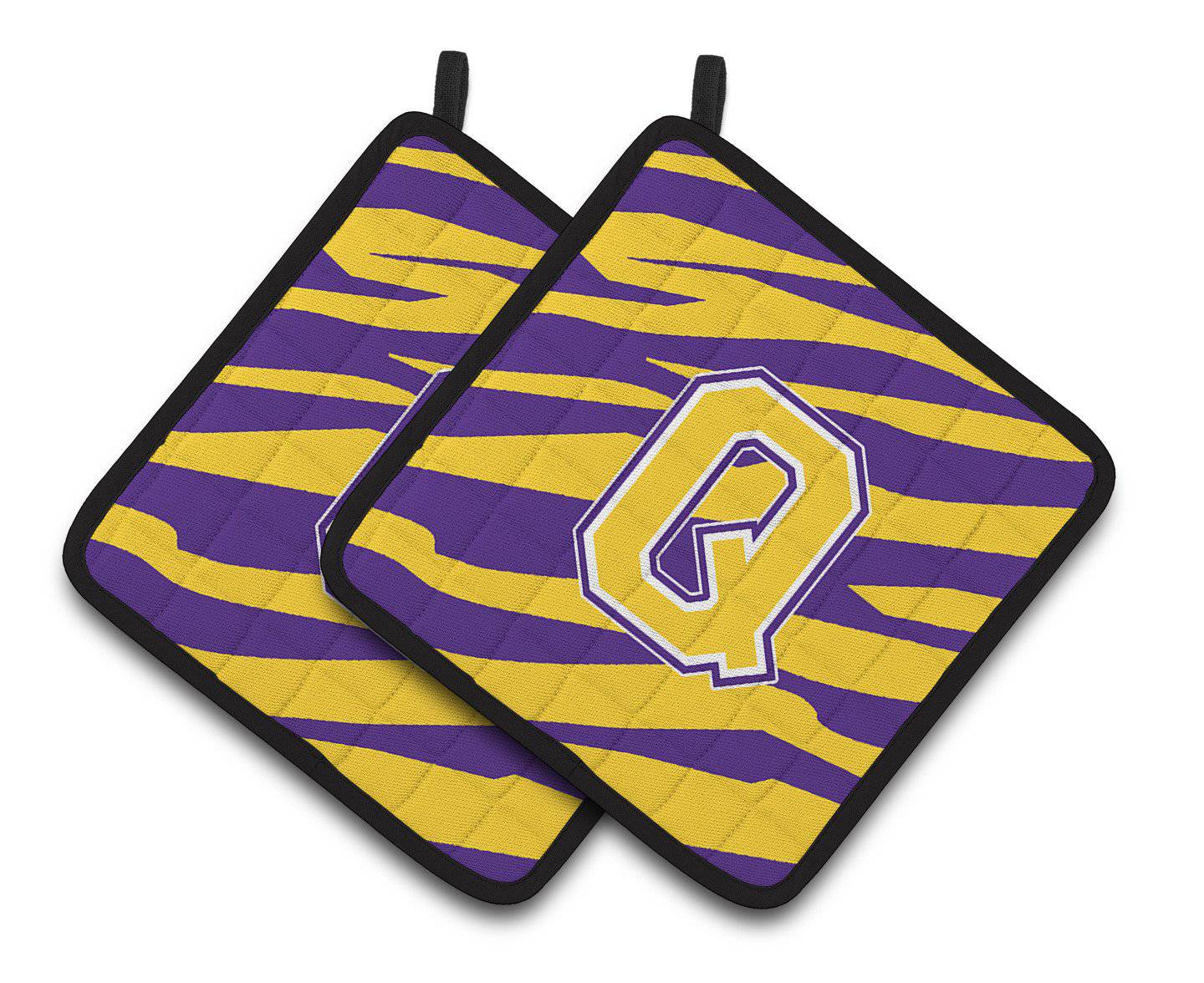 Letter Q Monogram - Tiger Stripe - Purple Gold Pair of Pot Holders CJ1022-QPTHD - the-store.com