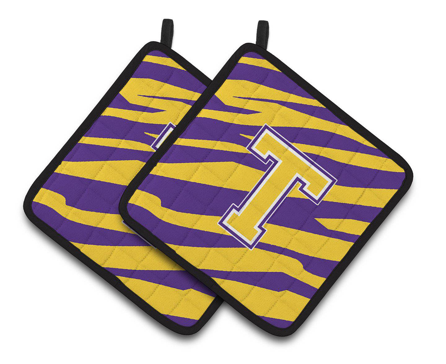 Letter T Monogram - Tiger Stripe - Purple Gold Pair of Pot Holders CJ1022-TPTHD - the-store.com