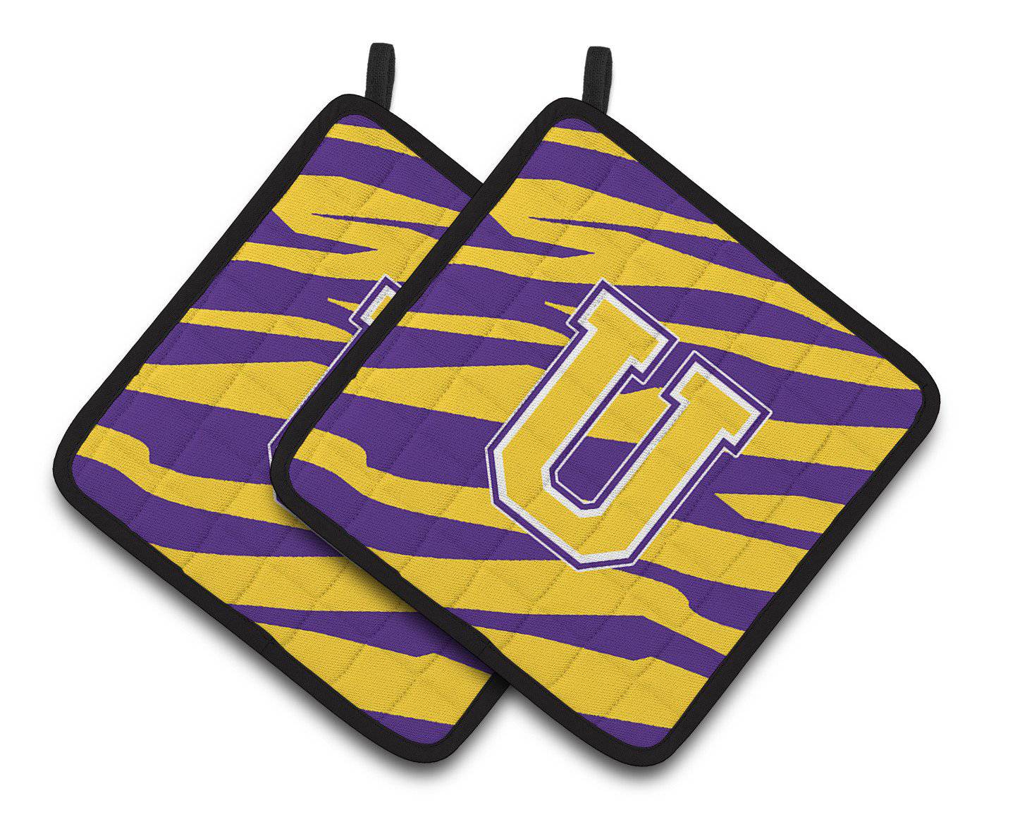 Letter U Monogram - Tiger Stripe - Purple Gold Pair of Pot Holders CJ1022-UPTHD - the-store.com