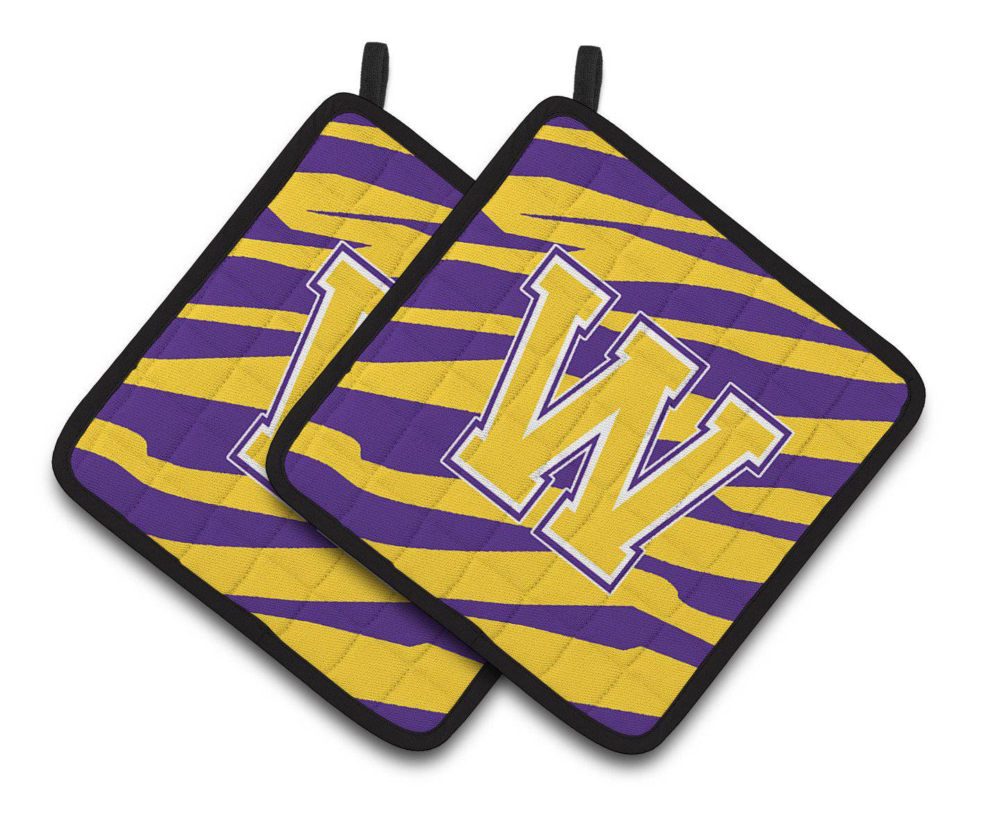 Letter W Monogram - Tiger Stripe - Purple Gold Pair of Pot Holders CJ1022-WPTHD - the-store.com