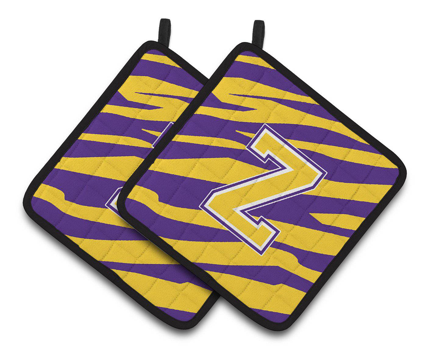 Letter Z Monogram - Tiger Stripe - Purple Gold Pair of Pot Holders CJ1022-ZPTHD - the-store.com
