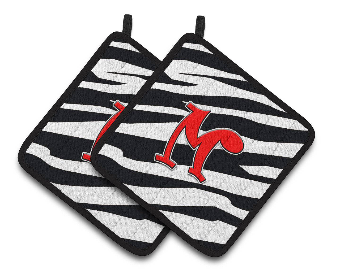 Monogram Initial M Zebra Red  Pair of Pot Holders CJ1024-MPTHD - the-store.com