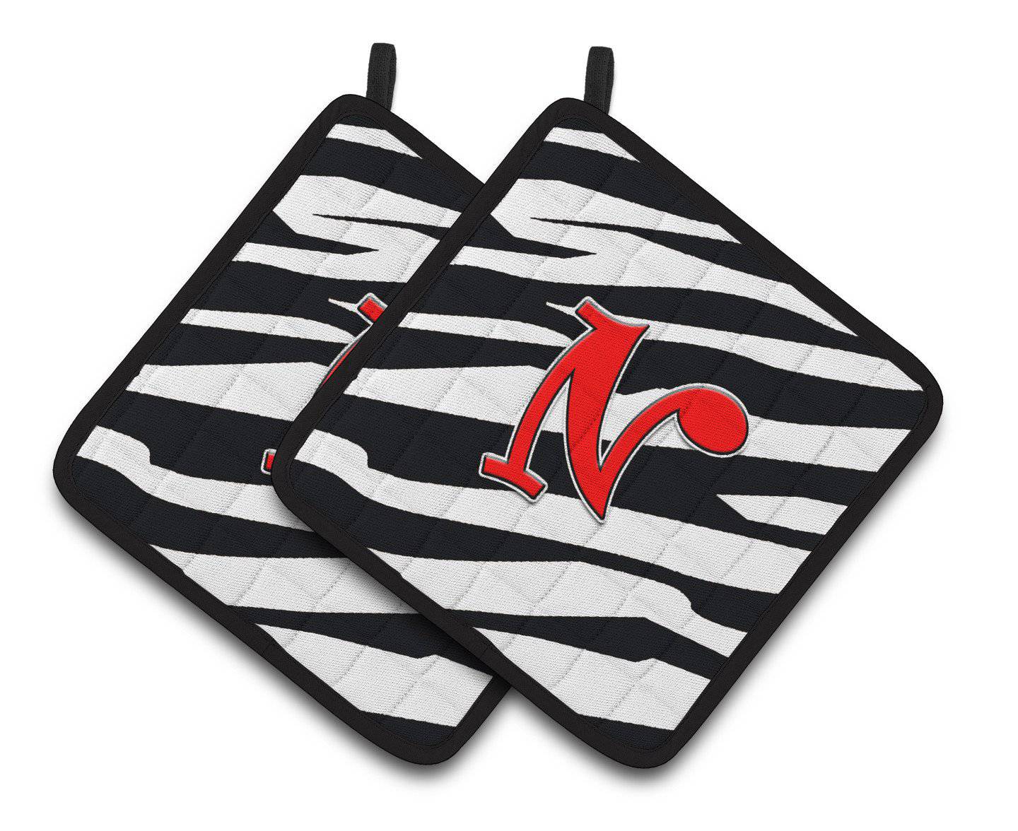 Monogram Initial N Zebra Red  Pair of Pot Holders CJ1024-NPTHD - the-store.com