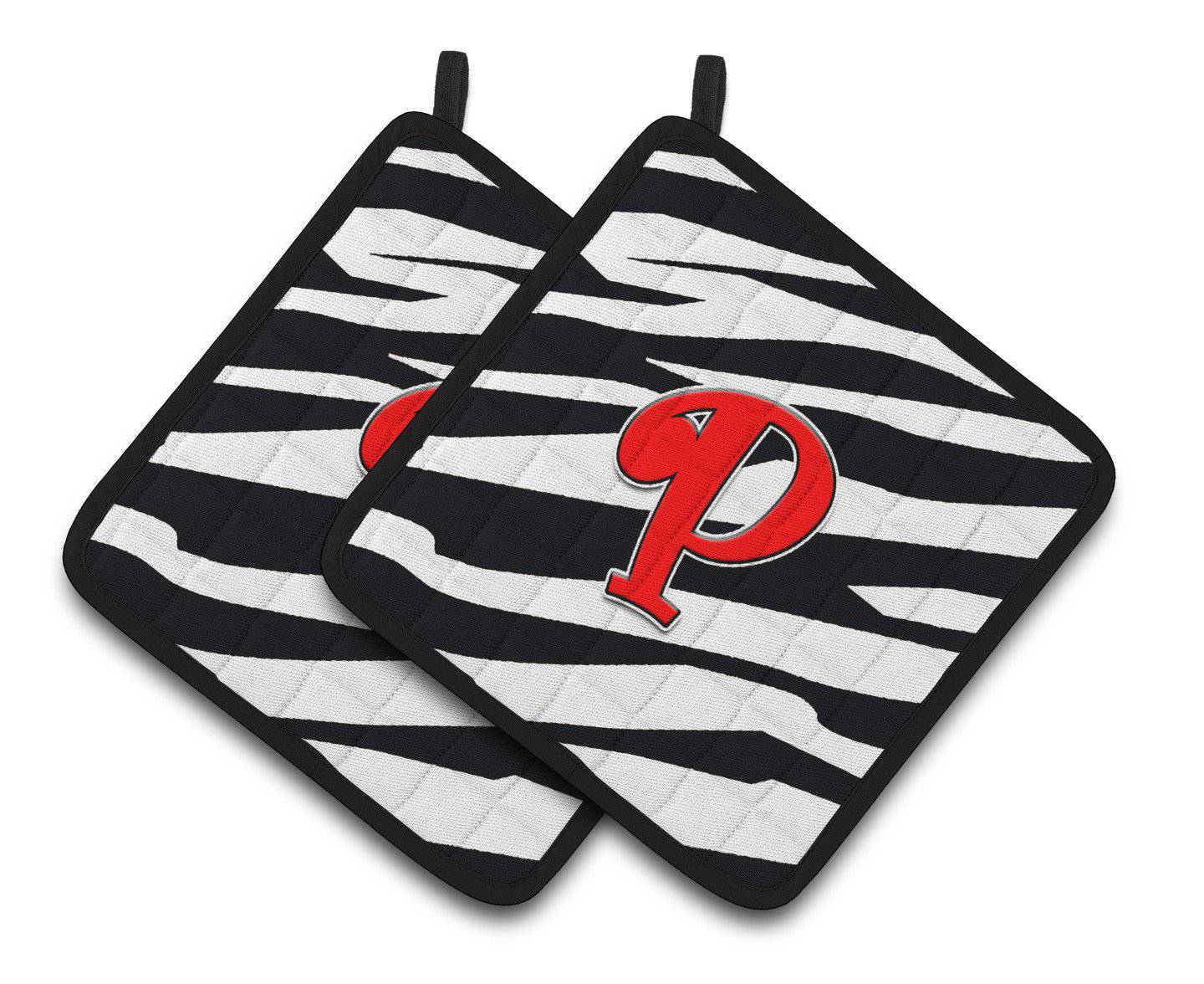 Monogram Initial P Zebra Red  Pair of Pot Holders CJ1024-PPTHD - the-store.com