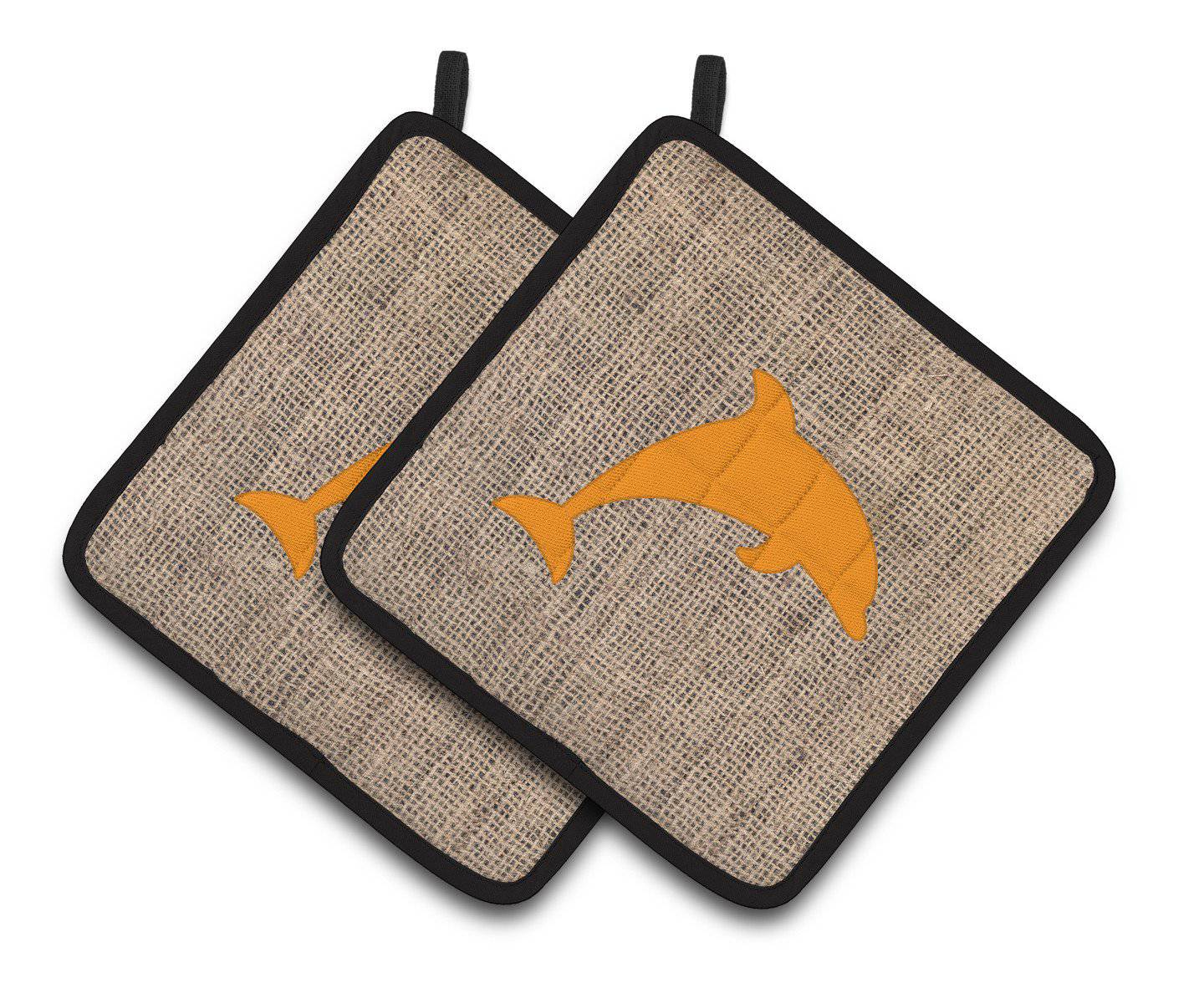 Dolphin Faux Burlap and Orange   Pair of Pot Holders BB1025-BL-OR-PTHD - the-store.com
