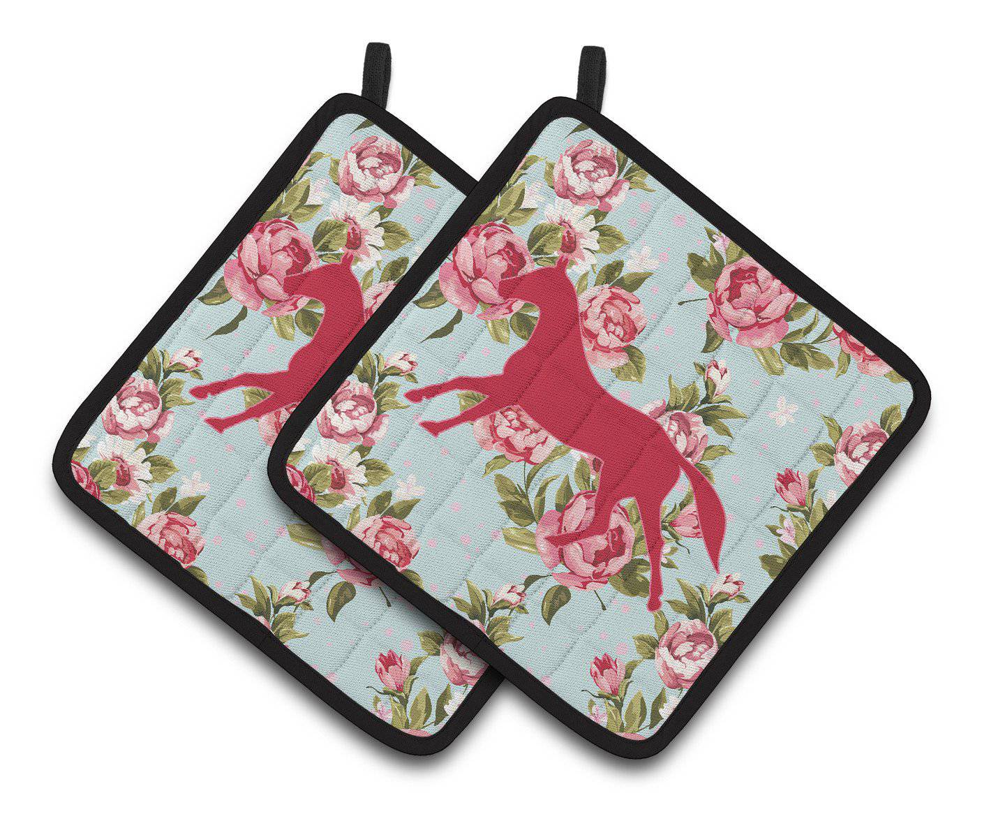 Horse Shabby Chic Blue Roses   Pair of Pot Holders BB1003-RS-BU-PTHD - the-store.com