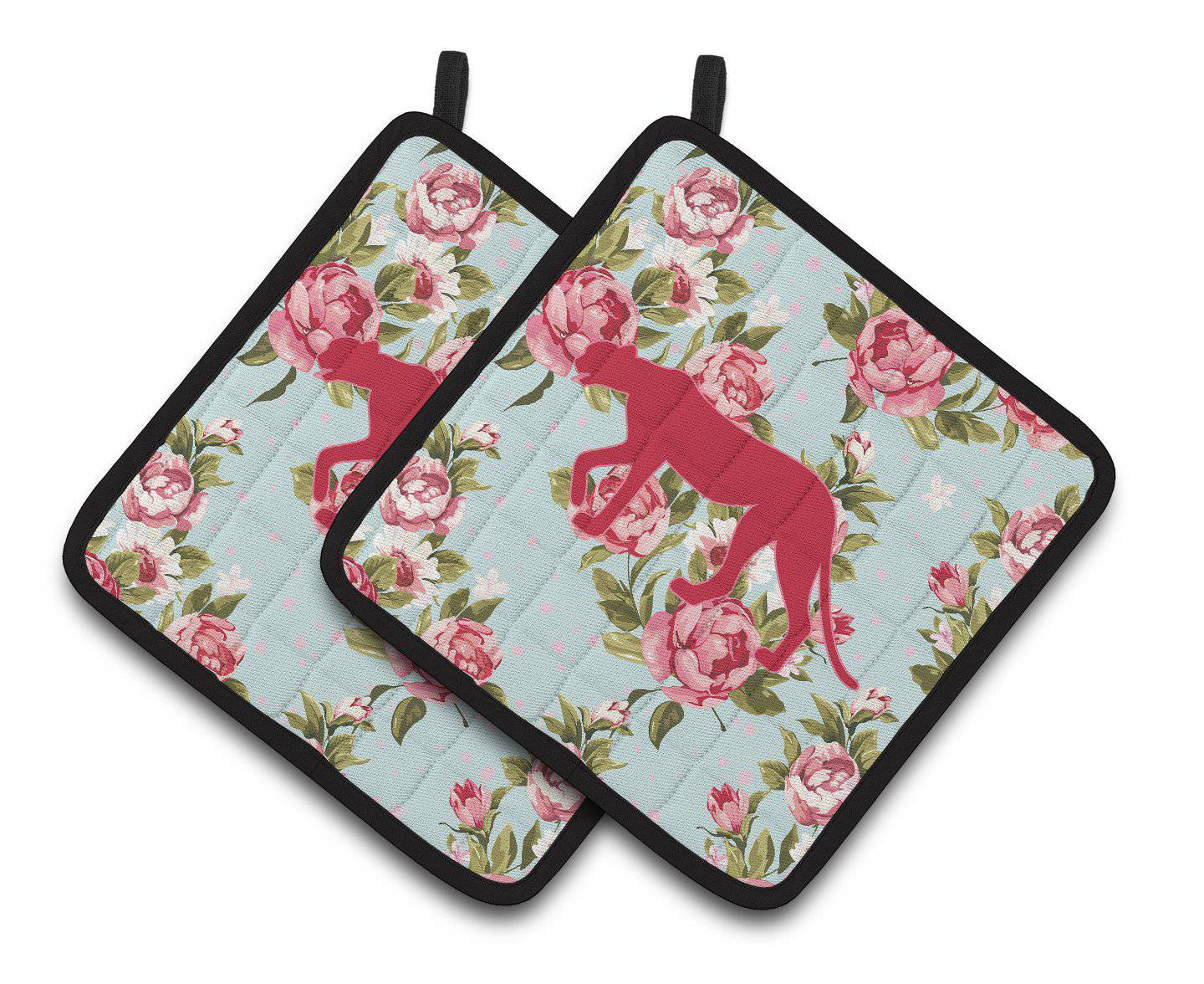 Leopard Shabby Chic Blue Roses   Pair of Pot Holders BB1004-RS-BU-PTHD - the-store.com
