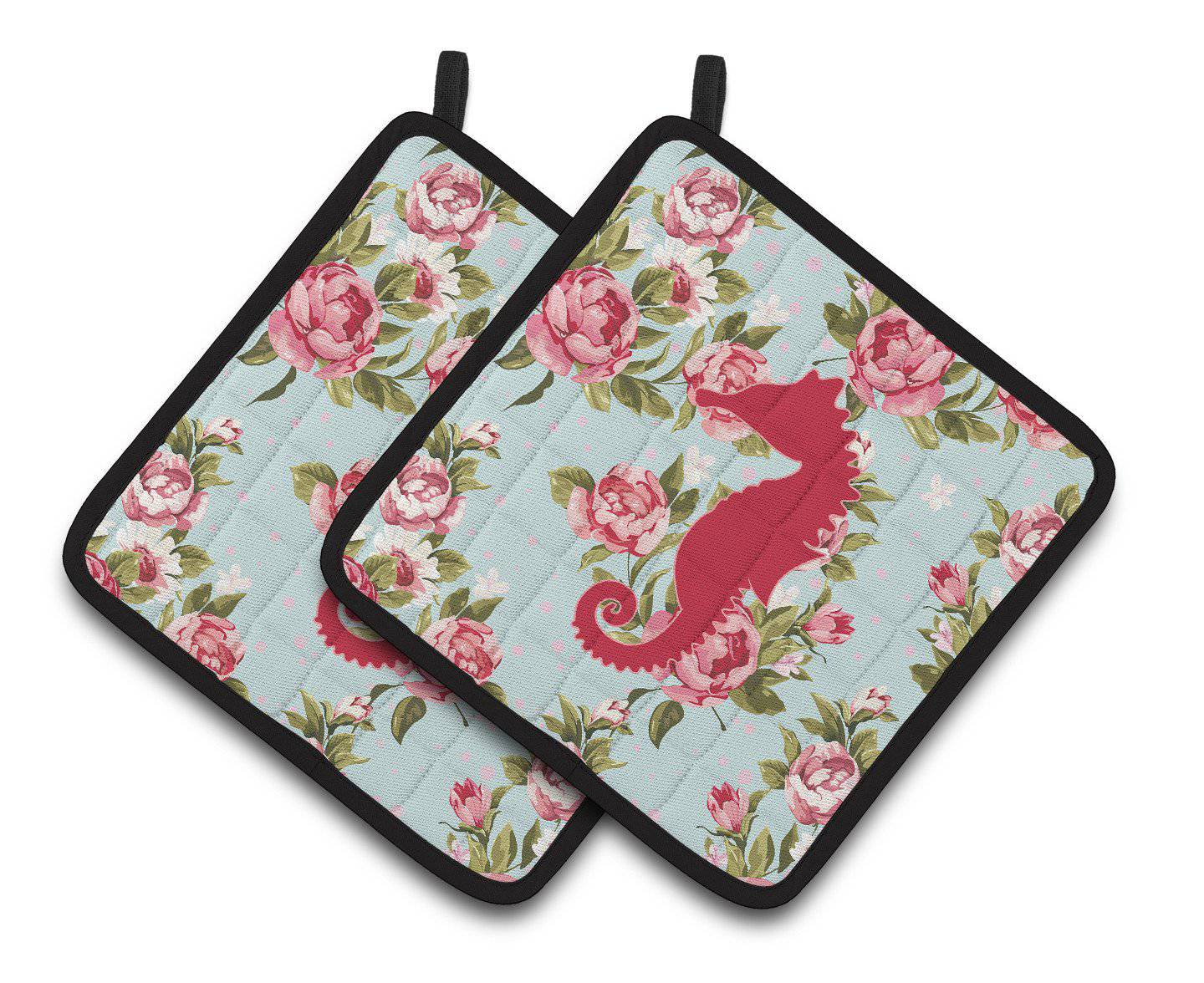Sea Horse Shabby Chic Blue Roses   Pair of Pot Holders BB1018-RS-BU-PTHD - the-store.com