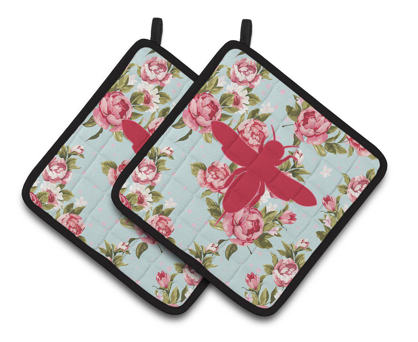 Bee Shabby Chic Blue Roses   Pair of Pot Holders BB1057-RS-BU-PTHD - the-store.com
