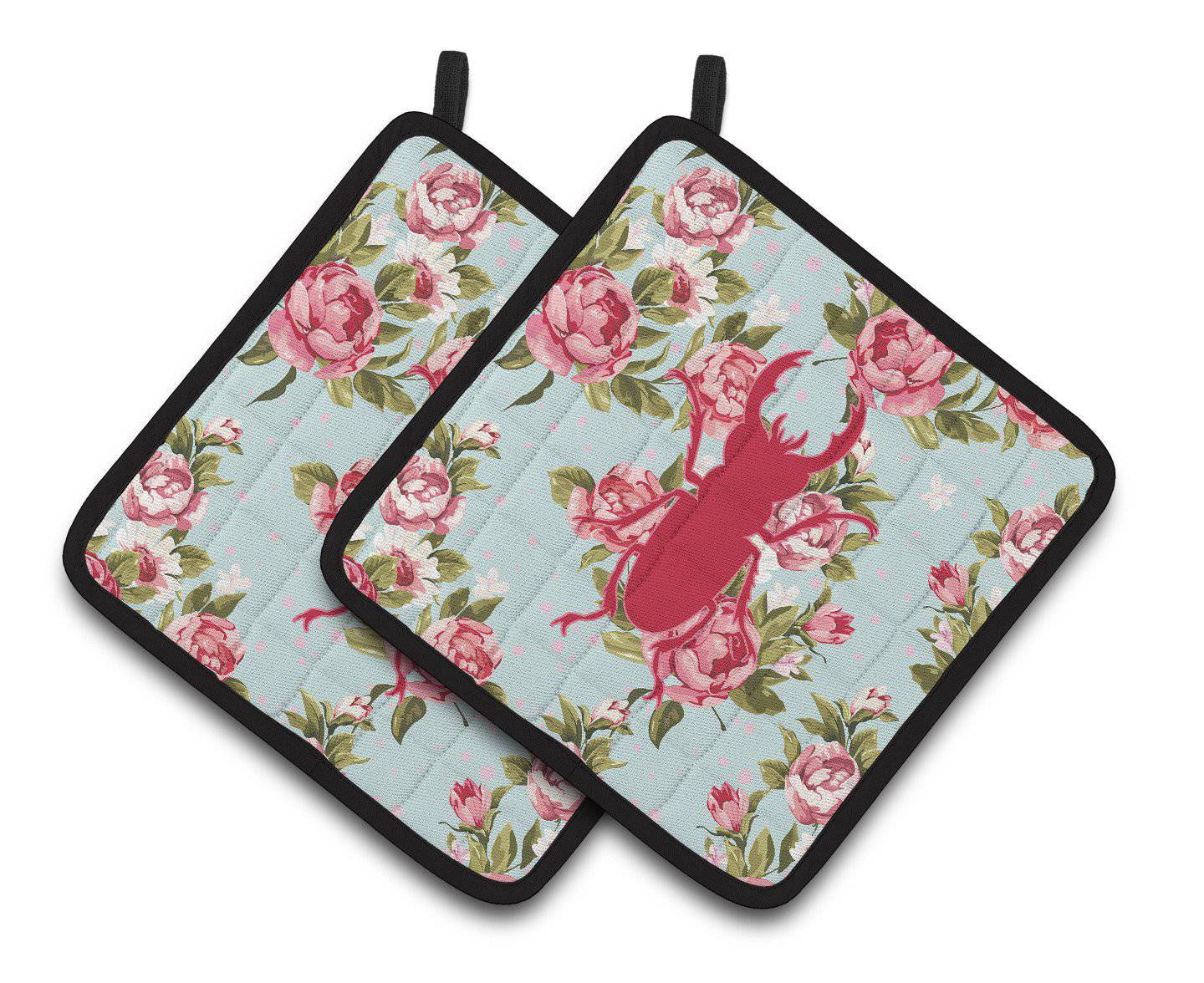 Beetle Shabby Chic Blue Roses   Pair of Pot Holders BB1063-RS-BU-PTHD - the-store.com