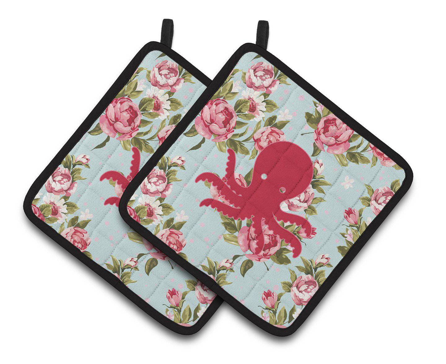 Octopus Shabby Chic Blue Roses   Pair of Pot Holders BB1090-RS-BU-PTHD - the-store.com