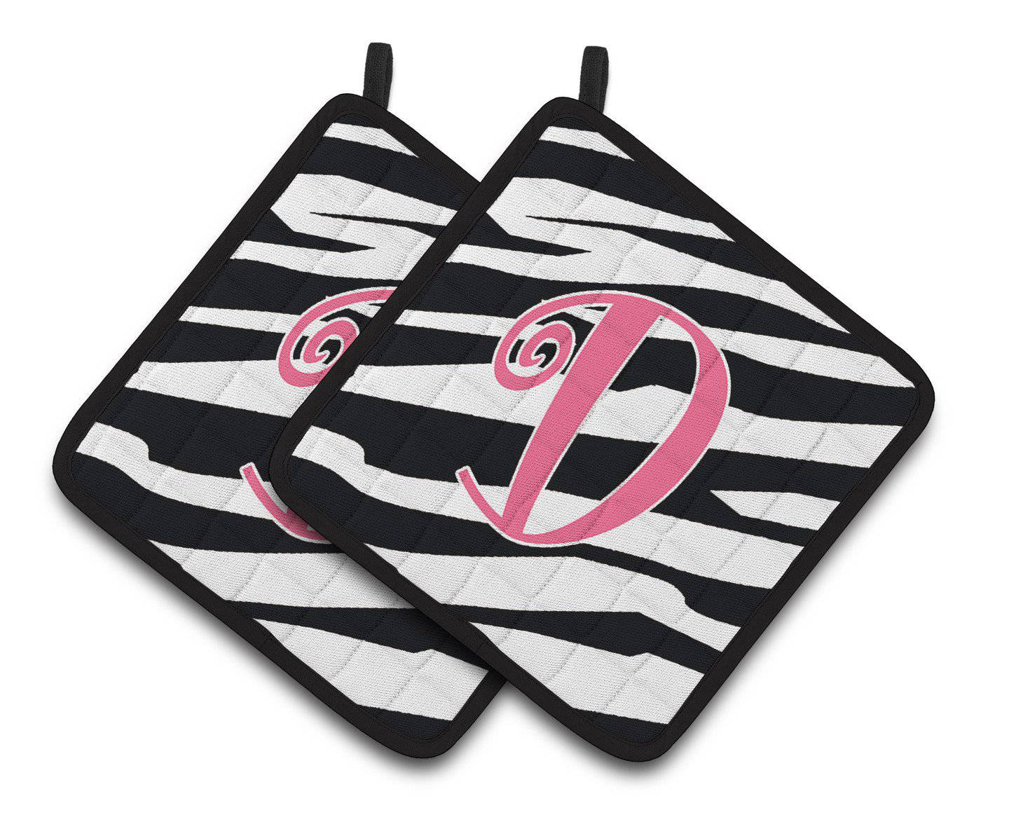 Monogram Initial D Zebra Stripe and Pink  Pair of Pot Holders CJ1037-DPTHD - the-store.com