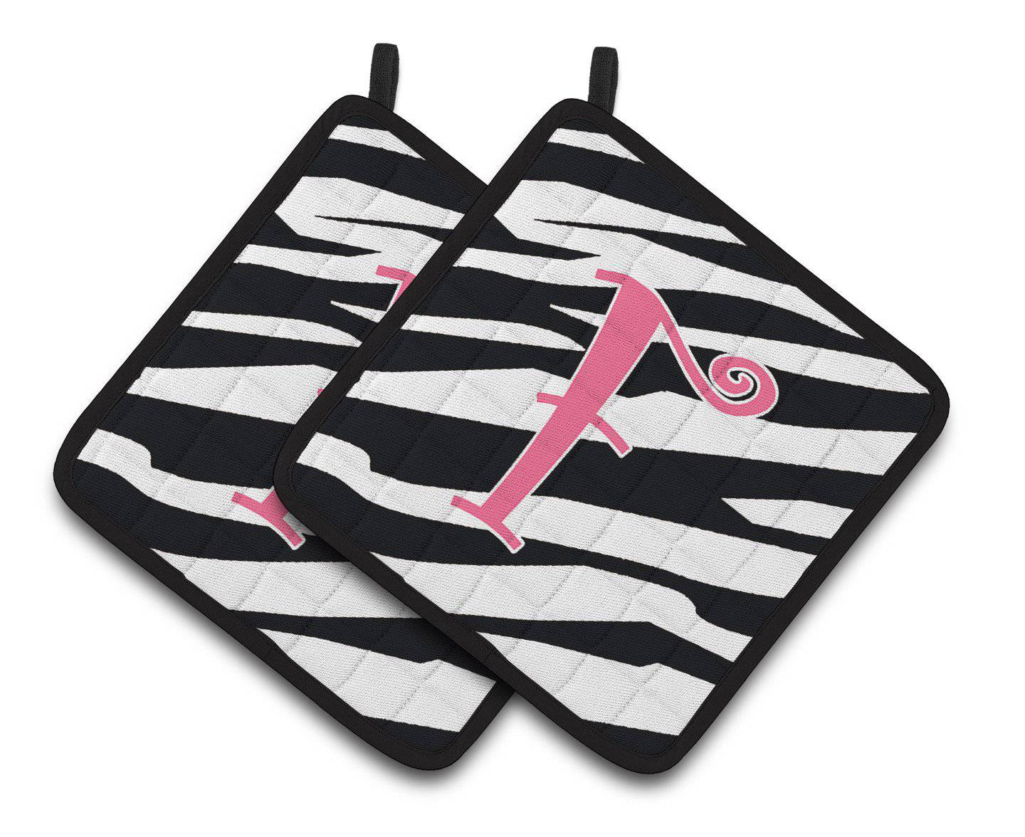 Monogram Initial F Zebra Stripe and Pink  Pair of Pot Holders CJ1037-FPTHD - the-store.com