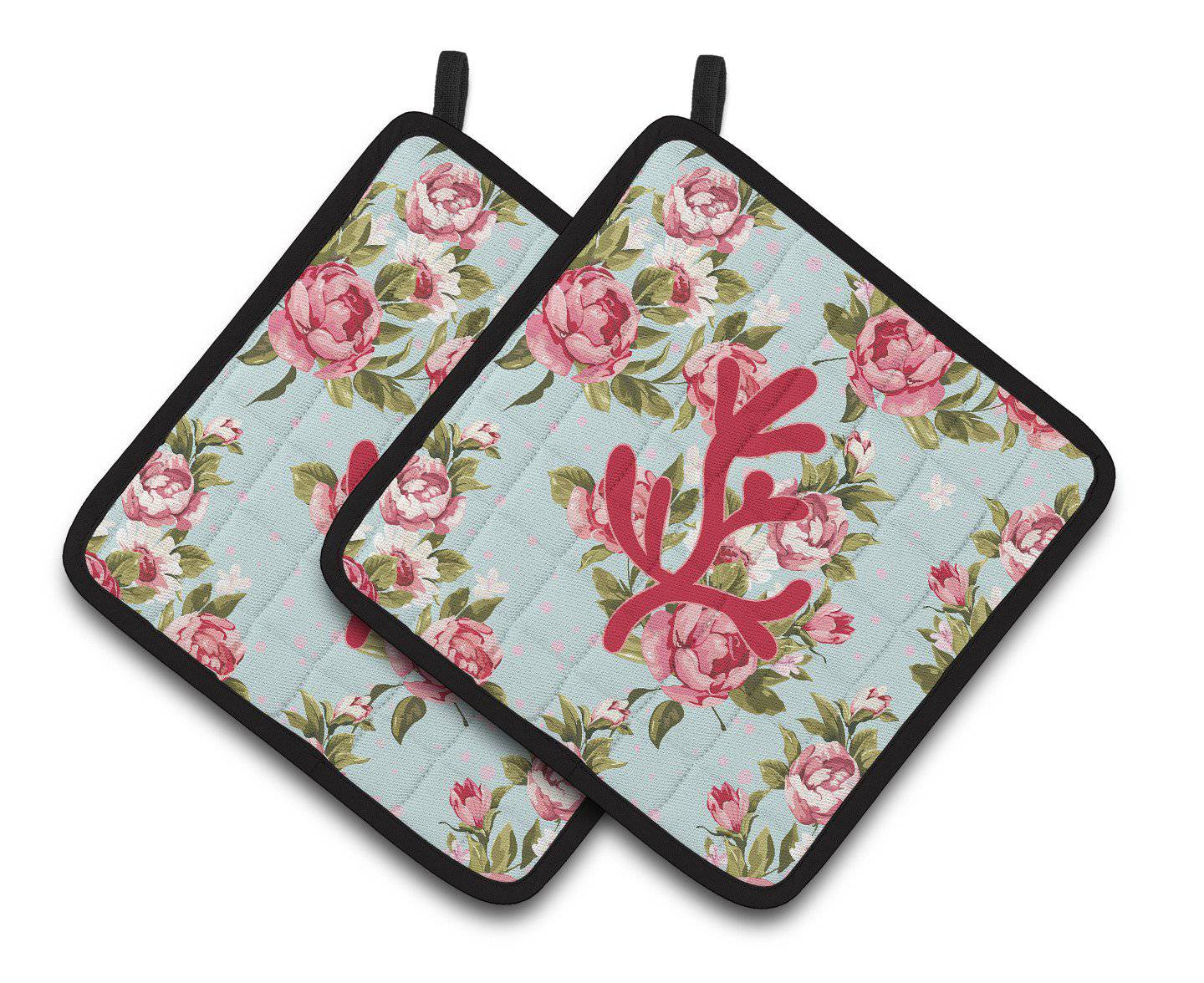 Coral Shabby Chic Blue Roses   Pair of Pot Holders BB1103-RS-BU-PTHD - the-store.com